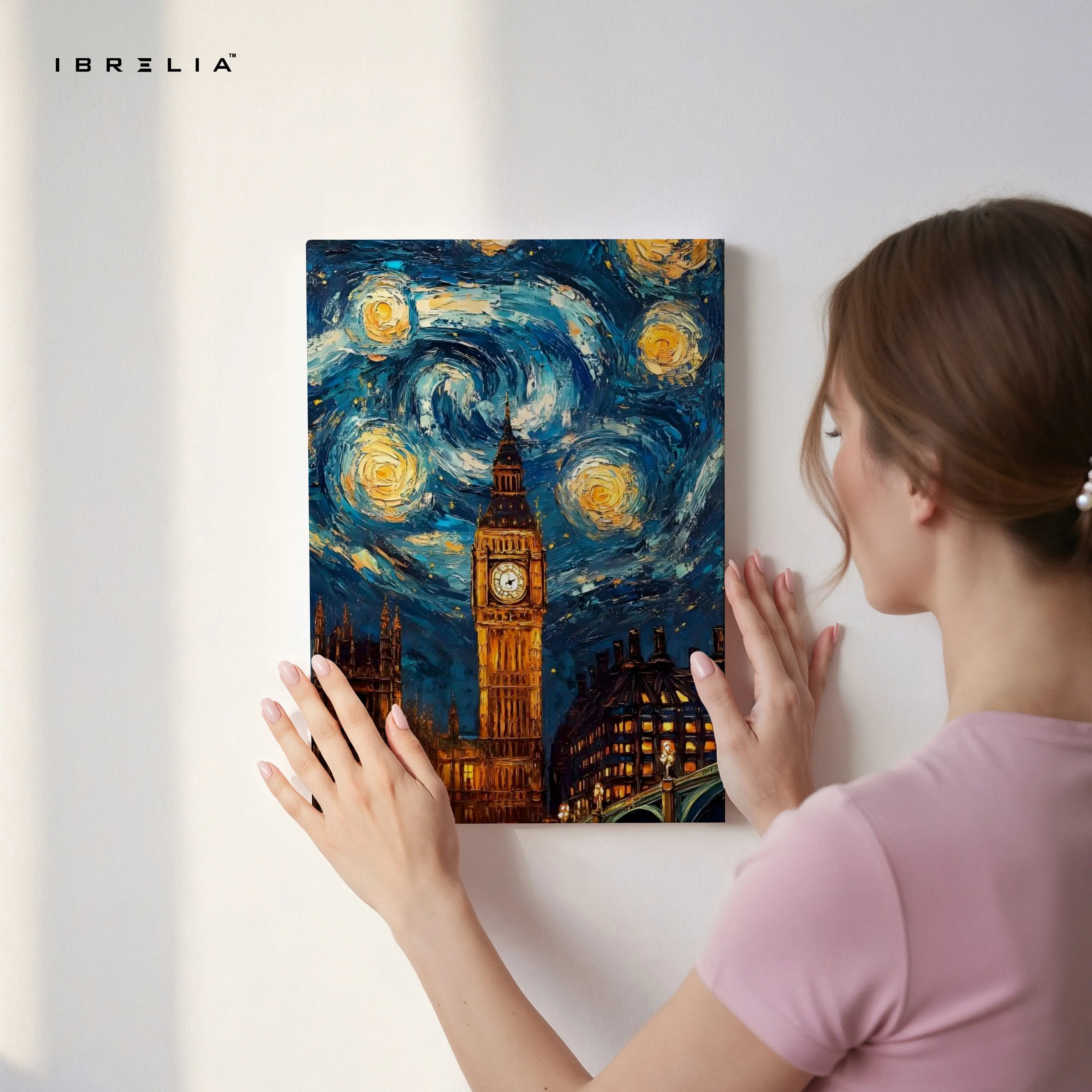 Big Ben Starry Night Wall Art – London Artistic Canvas Frame | Van Gogh Style Cityscape Poster Pakistan | IBRELIA™ IBRELIA
