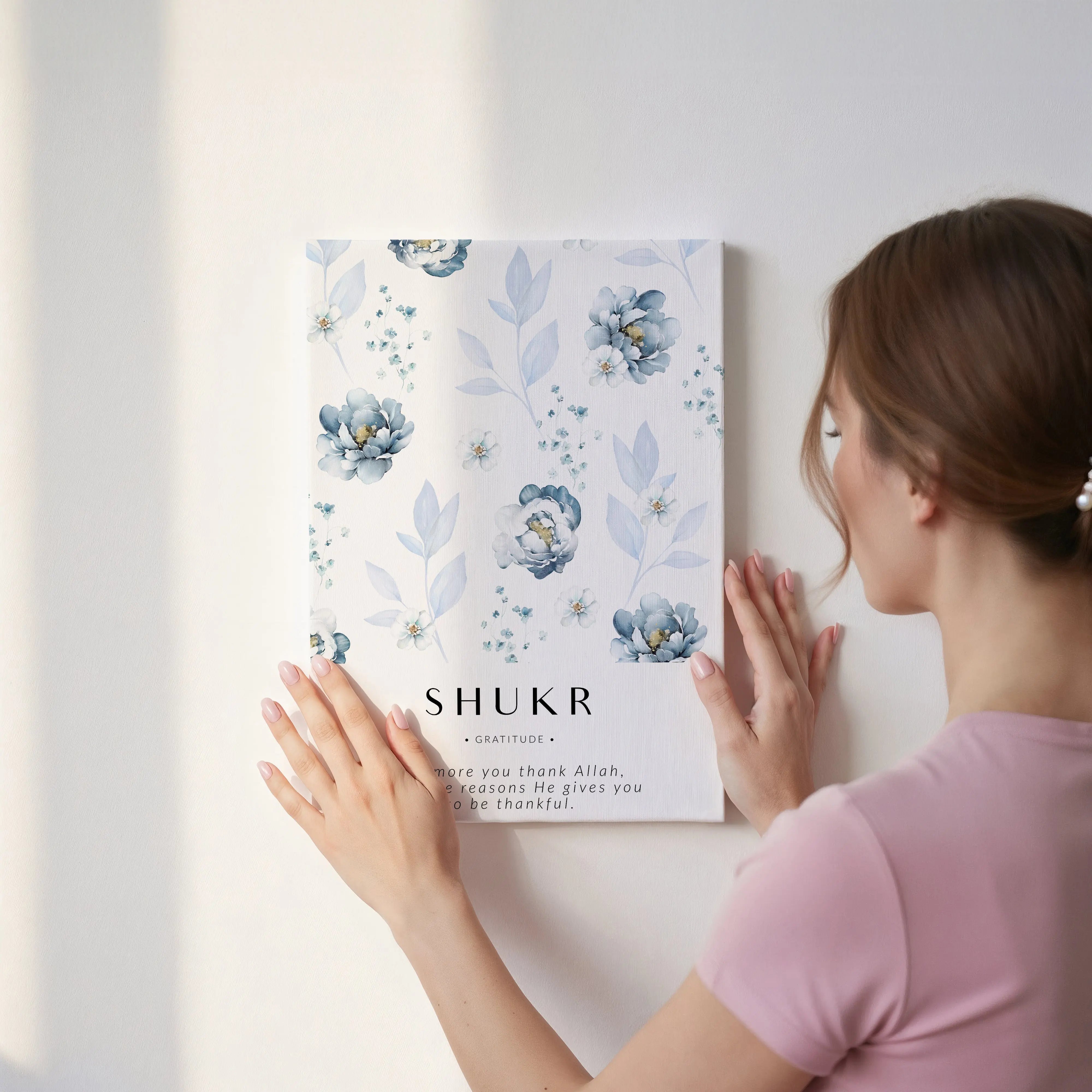 Shukr Islamic Wall Art – Blue Floral Gratitude Design | 4K Ultra Wrap Frame Wall Art in Pakistan | IBRELIA™ IBRELIA