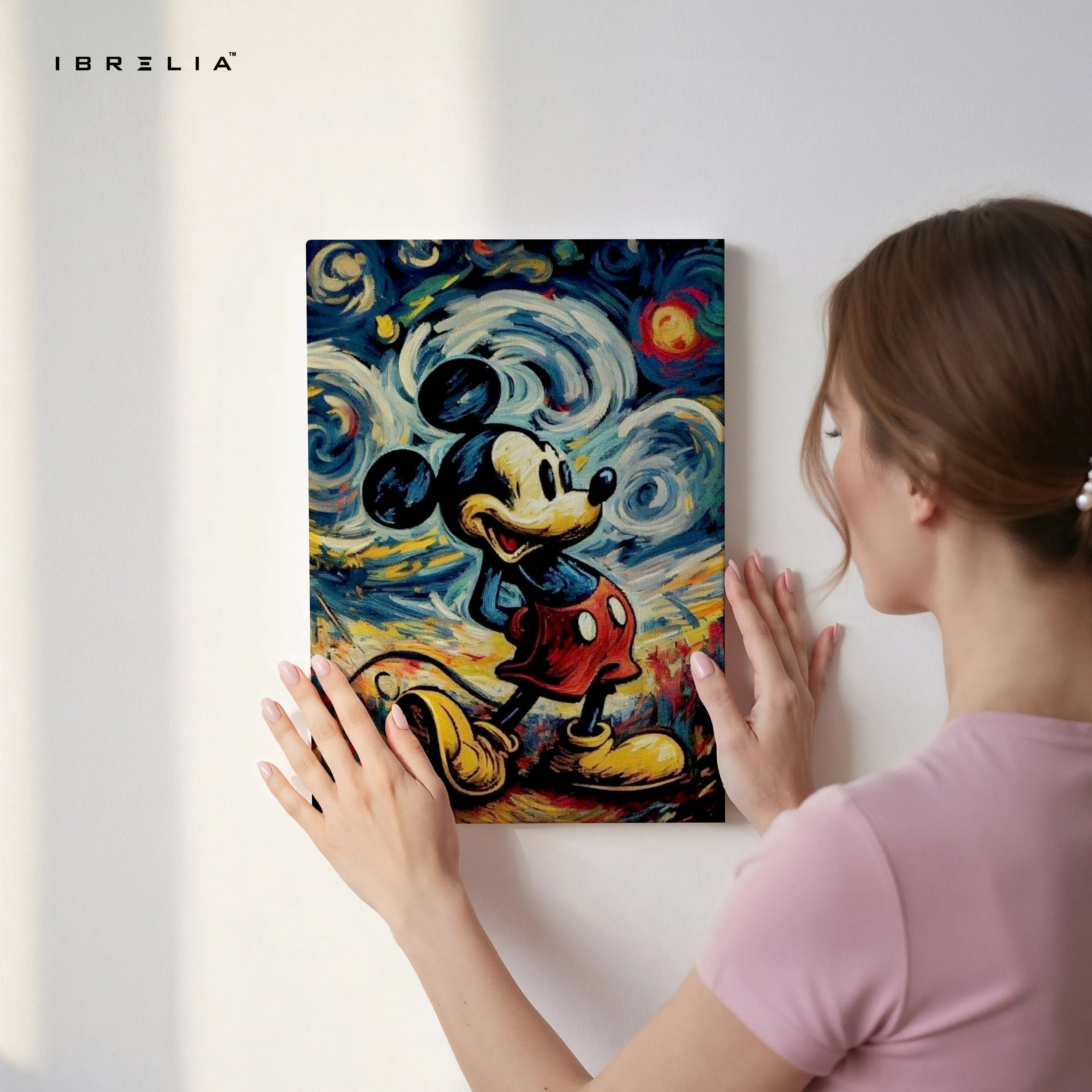 Mickey Mouse Starry Night Wall Art – Artistic Cartoon Canvas Frame | Abstract Classic Painting Style Poster Pakistan | IBRELIA™ IBRELIA