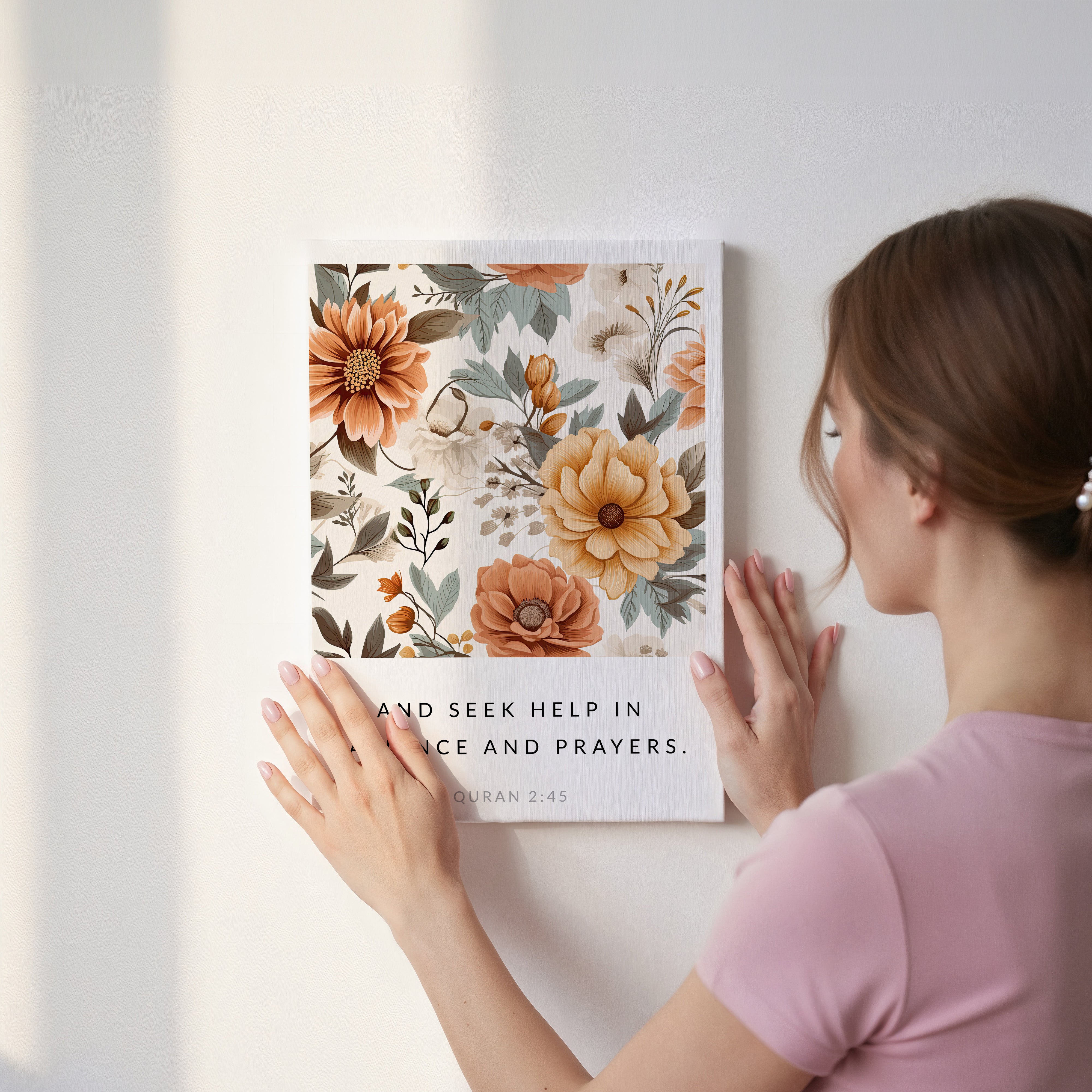Seek Help in Patience and Prayer Quran 2:45 Islamic Wall Art – Warm Floral Design | 4K Ultra Wrap Frame Wall Art in Pakistan | IBRELIA™