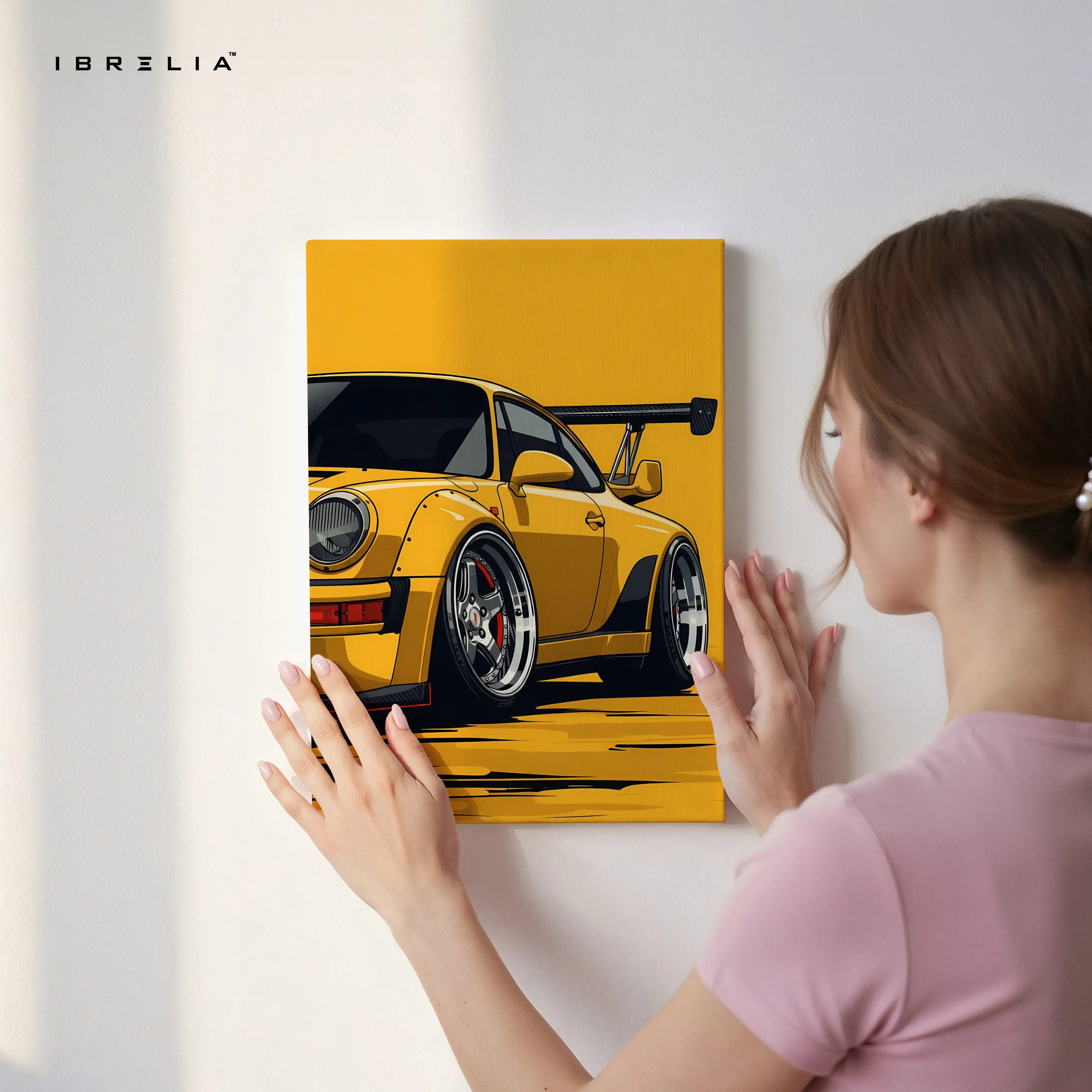 Porsche Yellow Widebody Wall Art – Sports Car Racing Canvas Frame Pakistan | JDM Style Car Poster | IBRELIA™ IBRELIA