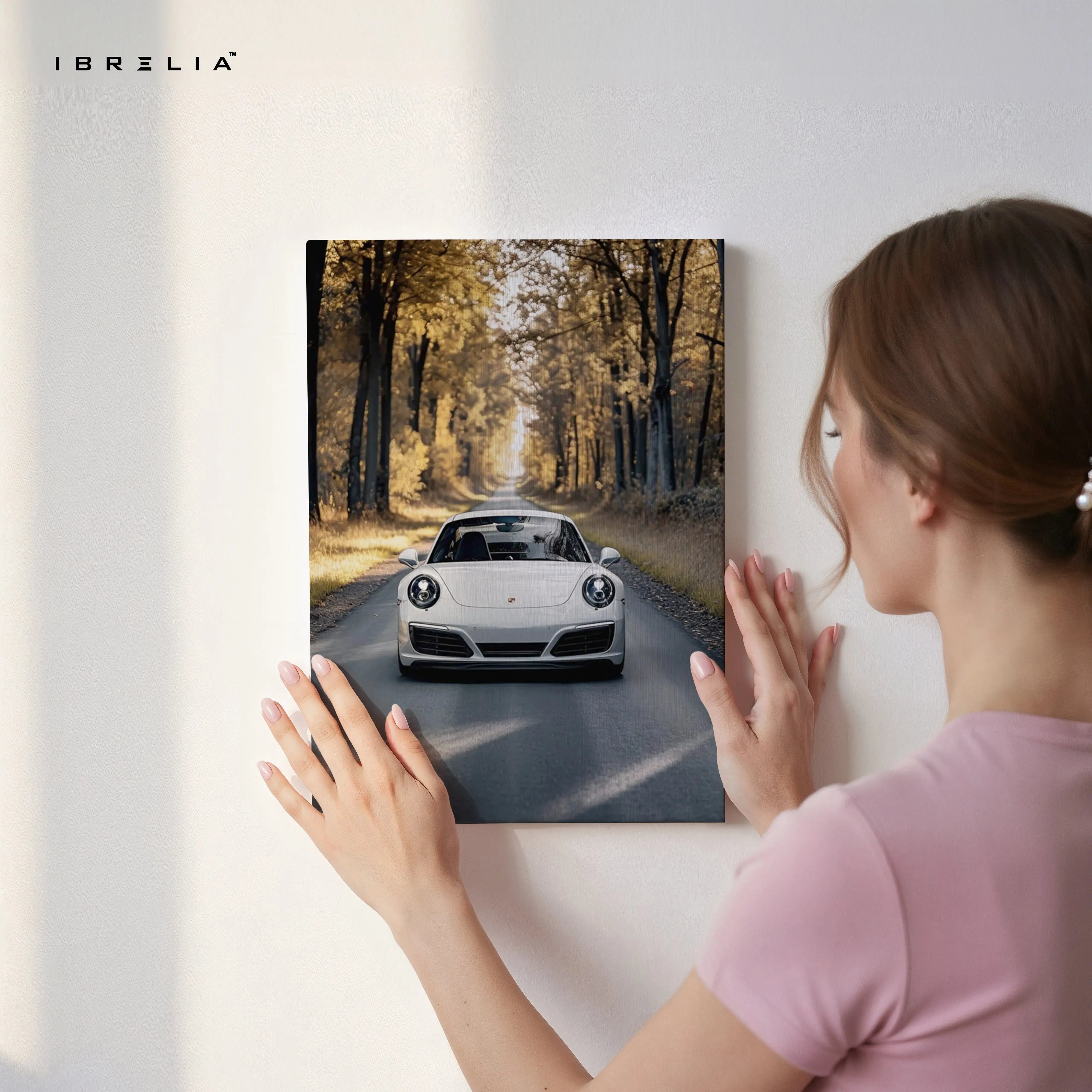 Porsche Forest Drive Art – Luxury Supercar Autumn Road Wall Art | 4K Ultra Wrap Frame Wall Art in Pakistan | IBRELIA™ IBRELIA