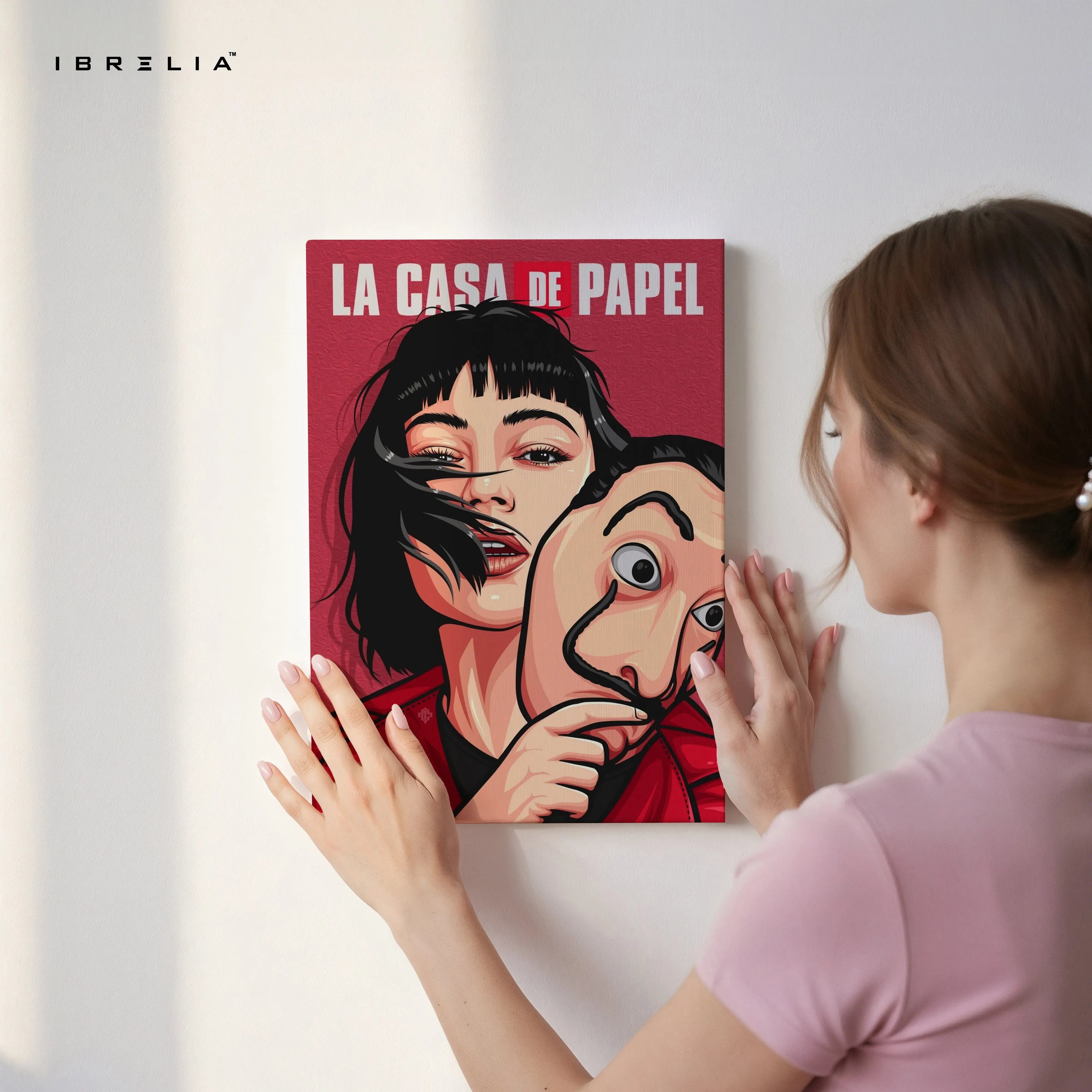 Heist Mask Girl Wall Art – Rebel Crime Canvas Frame | Bold Series Scene Decor Pakistan | IBRELIA™ IBRELIA