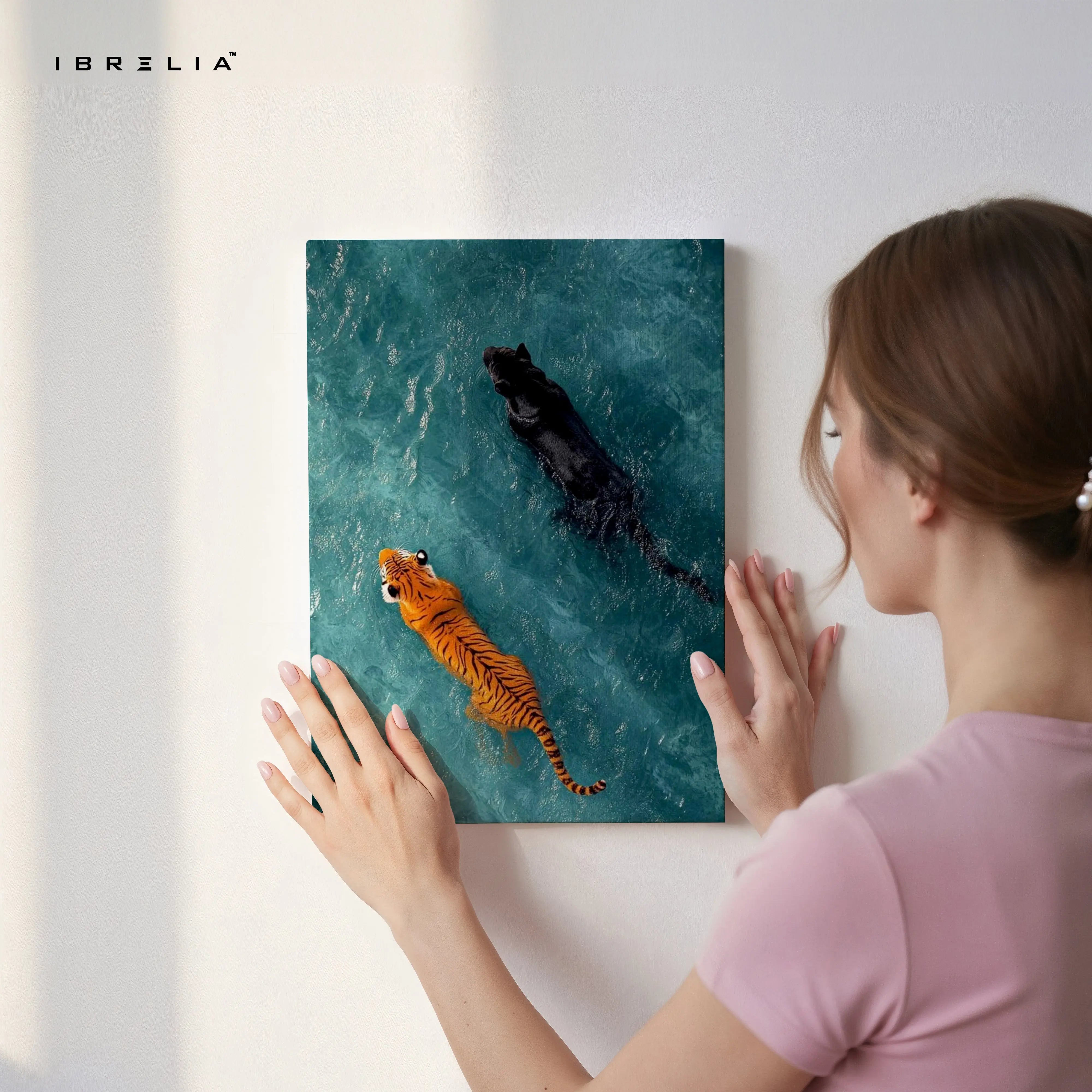Tiger & Panther Swimming Wall Art – Minimal Wildlife Canvas Frame | Aesthetic Animal Poster Pakistan | IBRELIA™ IBRELIA