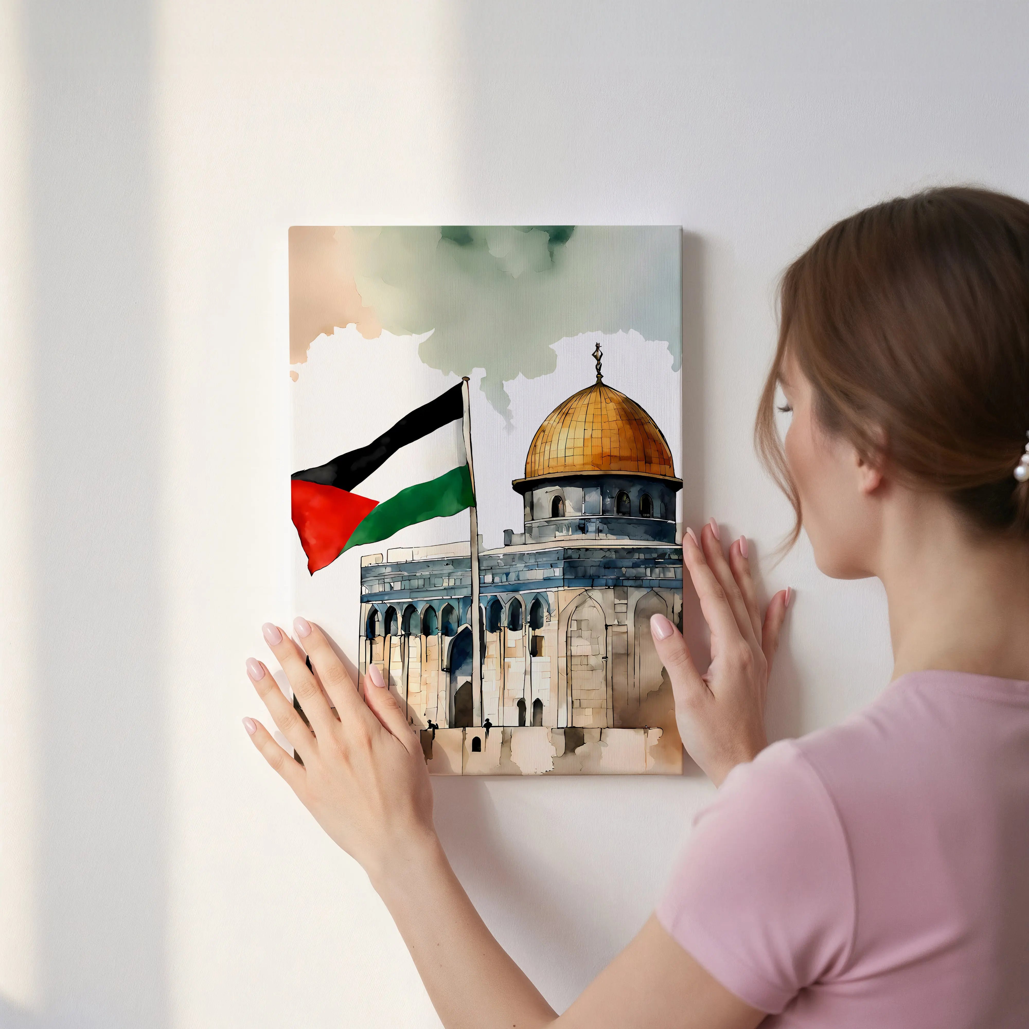 Dome of the Rock Palestine Flag Art – Jerusalem Watercolor Wall Art | 4K Ultra Wrap Frame Wall Art in Pakistan | IBRELIA™ IBRELIA