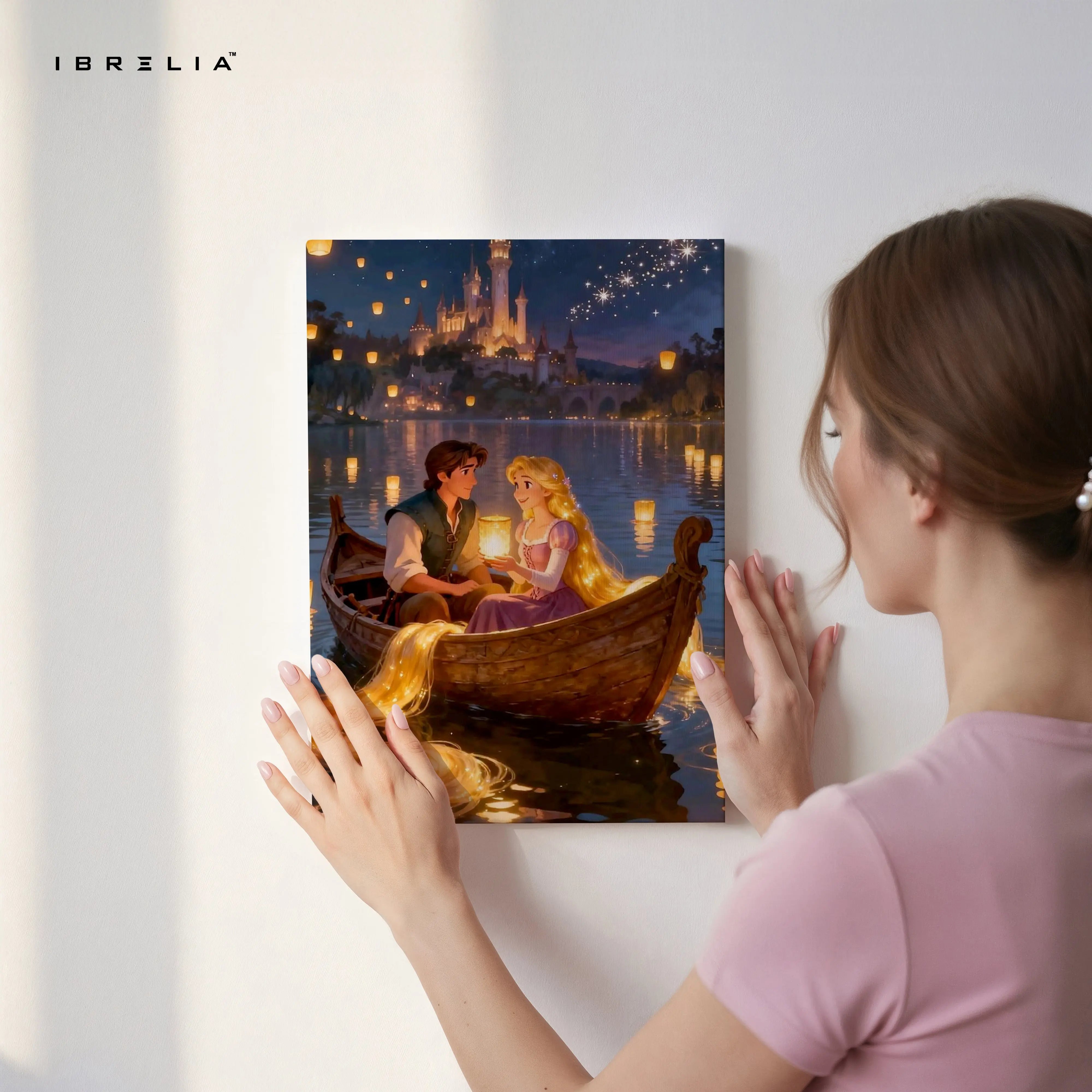 Rapunzel Lantern Boat Romance Wall Art – Fairytale Love Canvas Frame | Magical Couple Decor Pakistan | IBRELIA™ IBRELIA