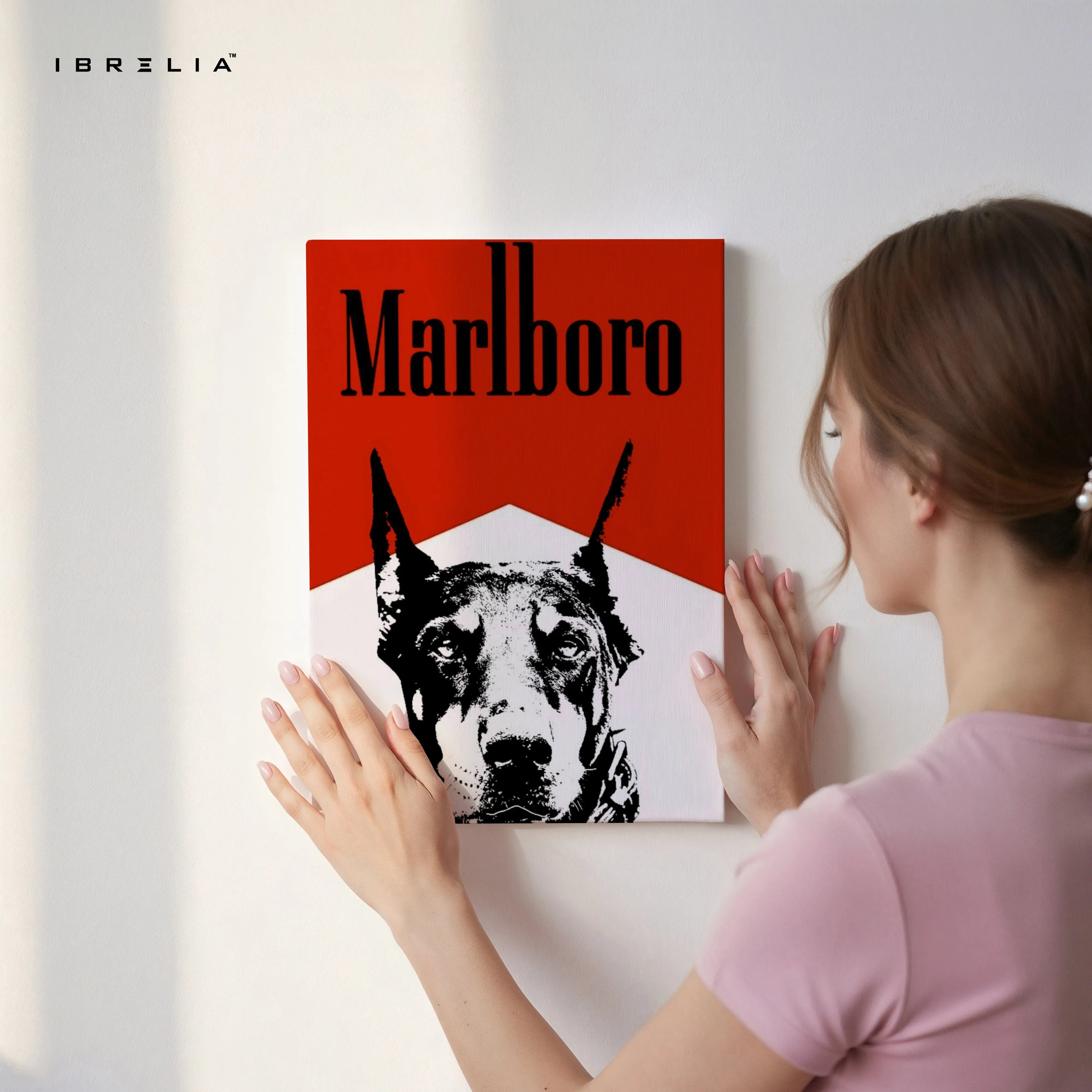 Doberman Vintage Poster Wall Art – Red Minimal Dog Canvas Frame | Retro Graphic Animal Poster Pakistan | IBRELIA™ IBRELIA