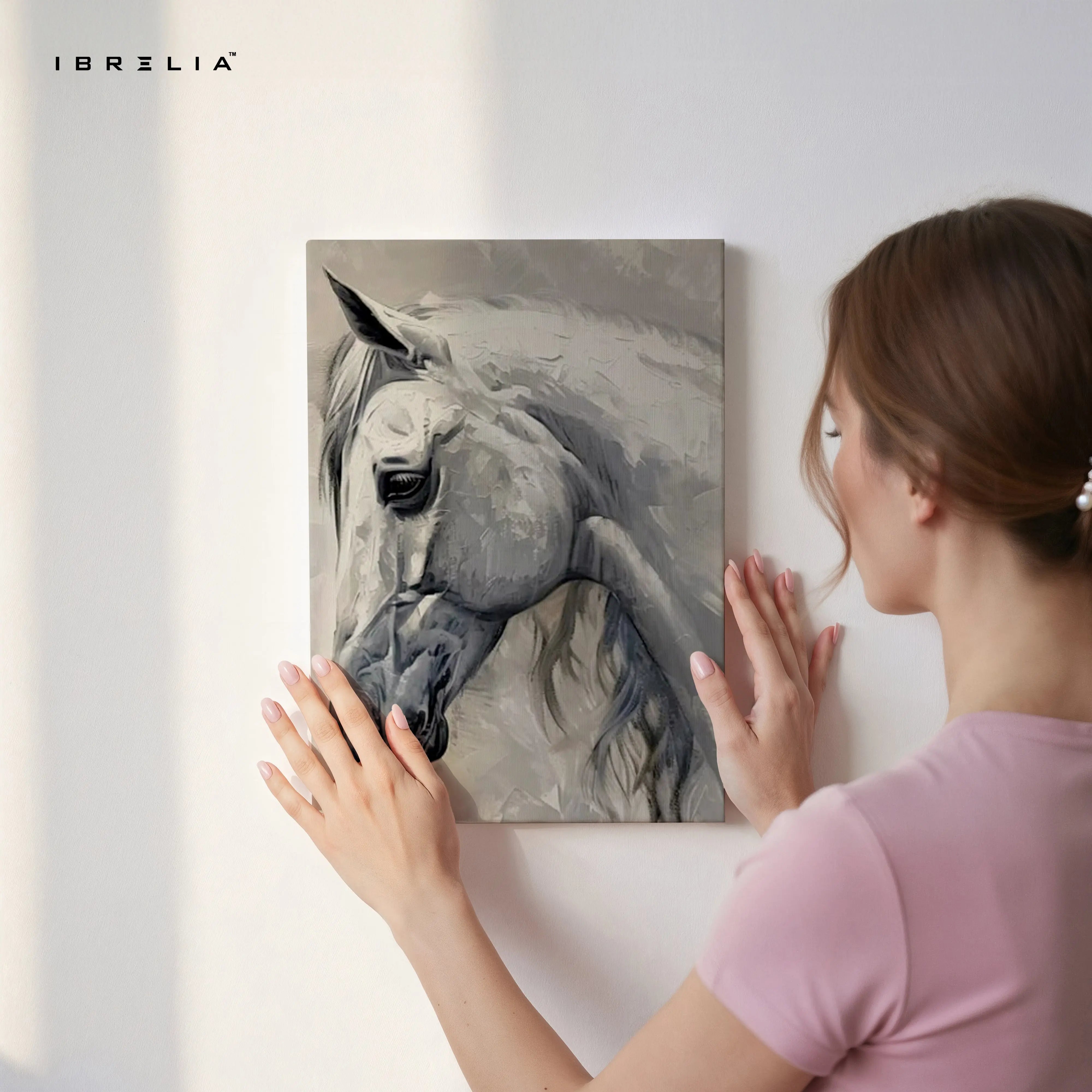 White Stallion Grace Art – Minimal Neutral Horse Portrait Wall Art | 4K Ultra Wrap Frame Wall Art in Pakistan | IBRELIA™ IBRELIA