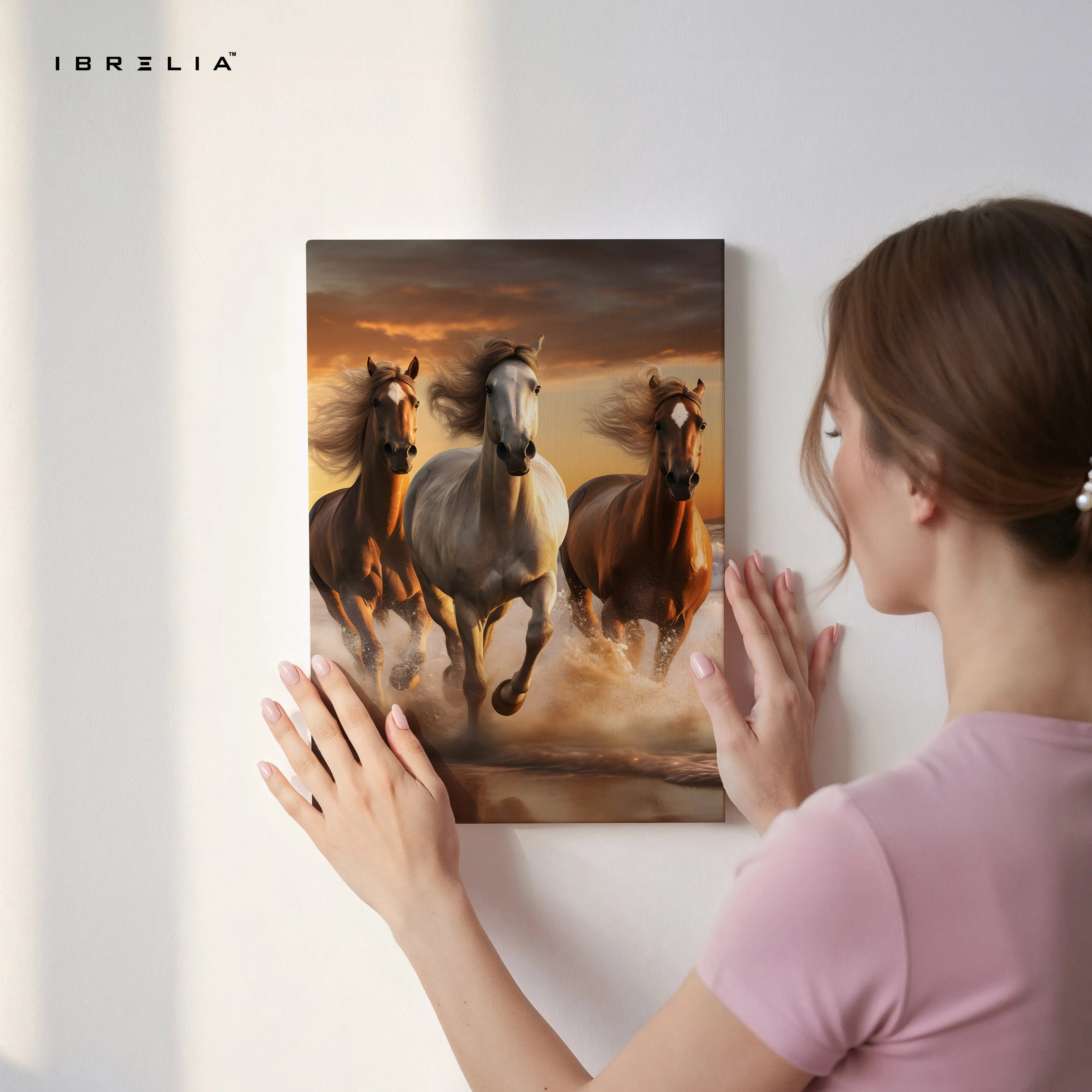 Wild Stallions Power Art – Running Horses Golden Sunset Wall Art | 4K Ultra Wrap Frame Wall Art in Pakistan | IBRELIA™ IBRELIA