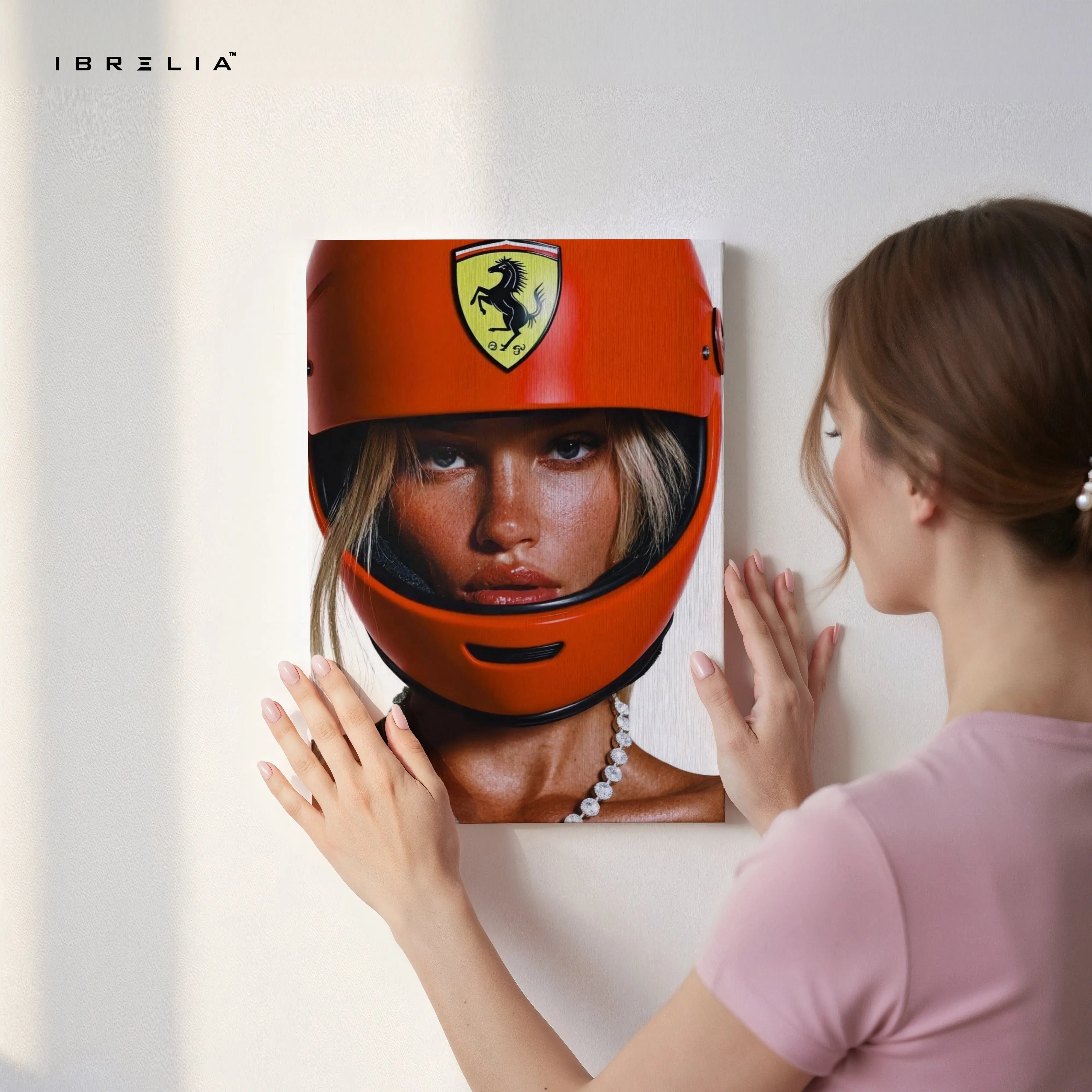 Ferrari Helmet Aesthetic Wall Art – Luxury Racing Canvas Frame Pakistan | Motorsport Fashion Poster | IBRELIA™ IBRELIA