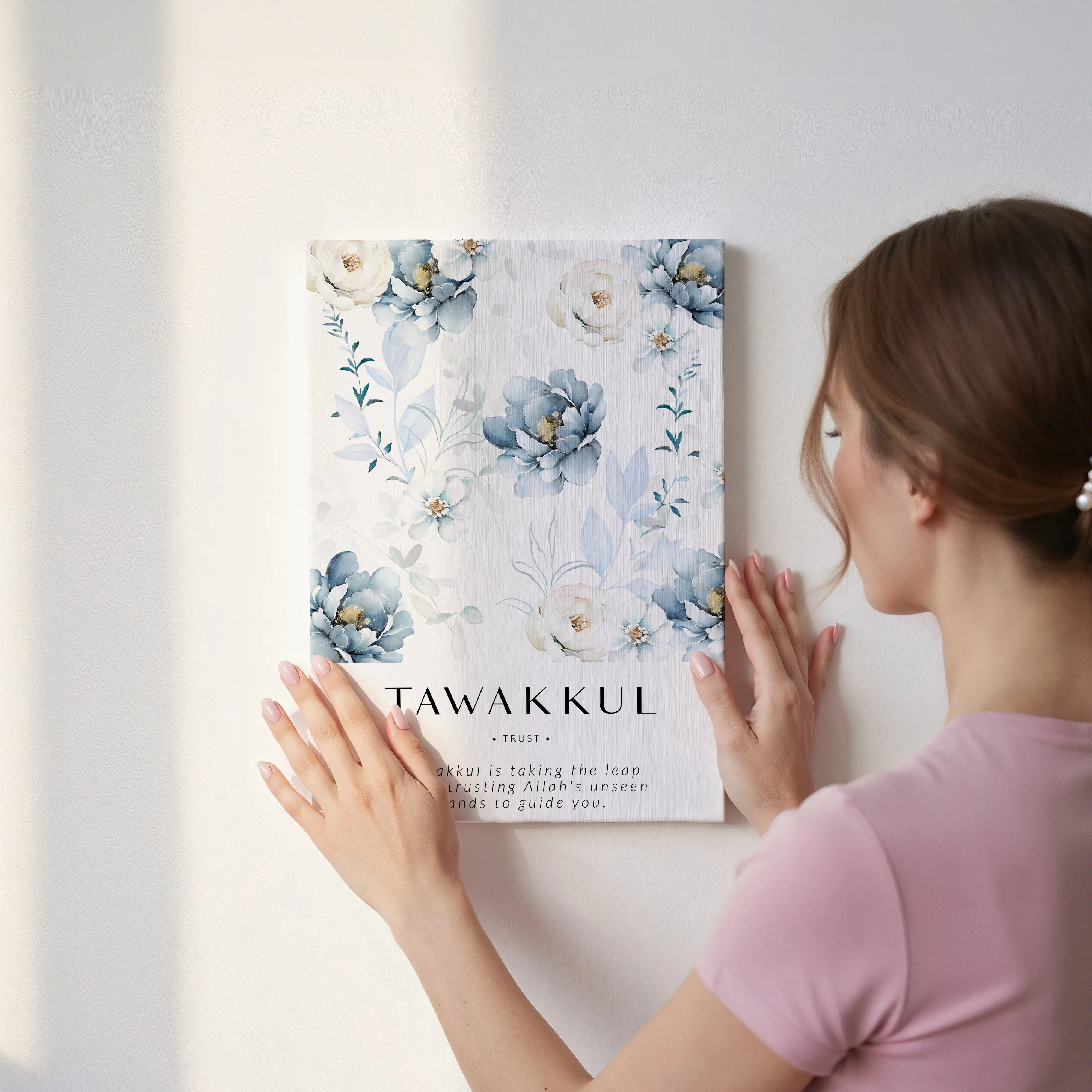 Tawakkul Islamic Wall Art – Blue Floral Trust Design | 4K Ultra Wrap Frame Wall Art in Pakistan | IBRELIA™ IBRELIA