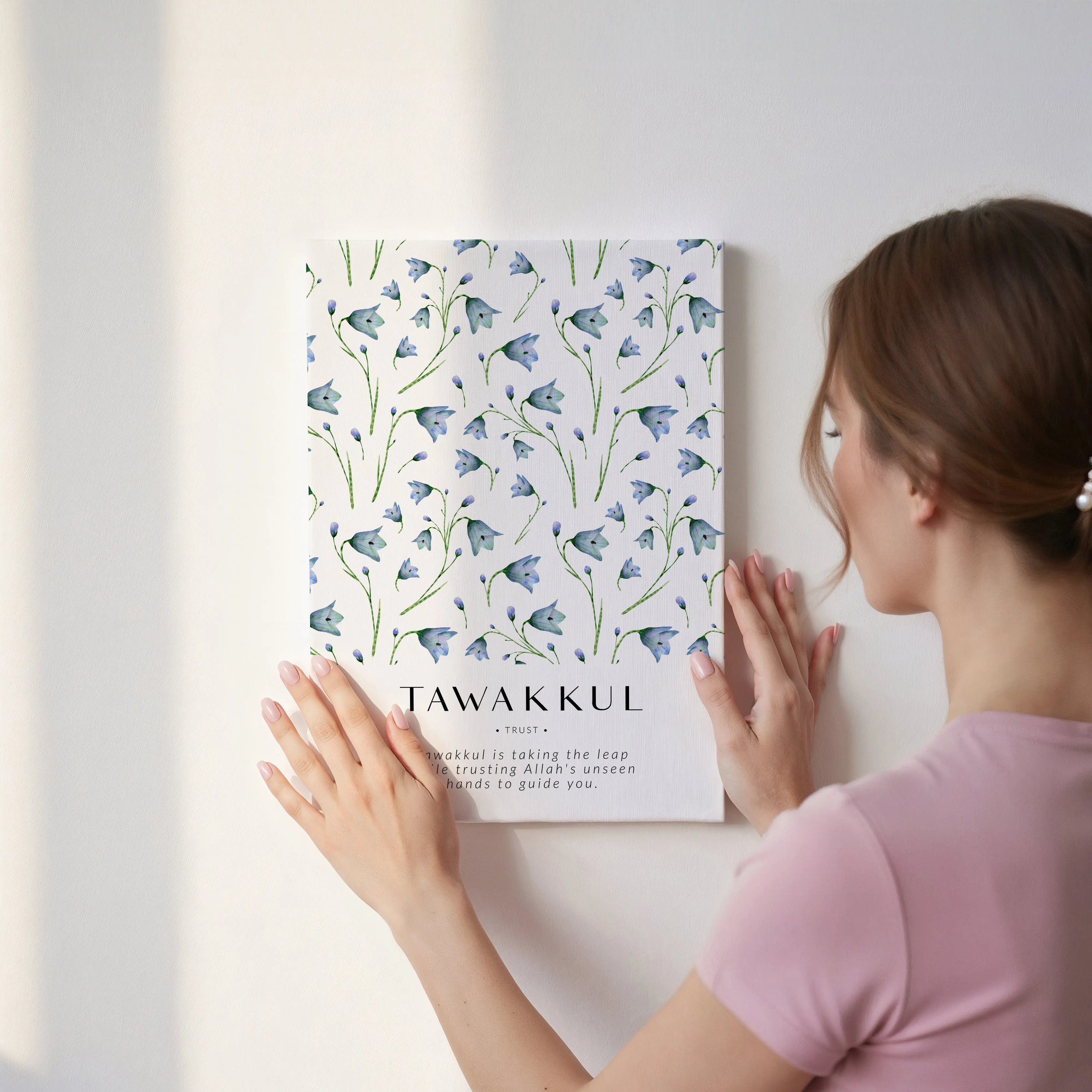 Tawakkul Trust Islamic Wall Art – Blue Bell Floral Botanical Design | 4K Ultra Wrap Frame Wall Art in Pakistan | IBRELIA™ IBRELIA
