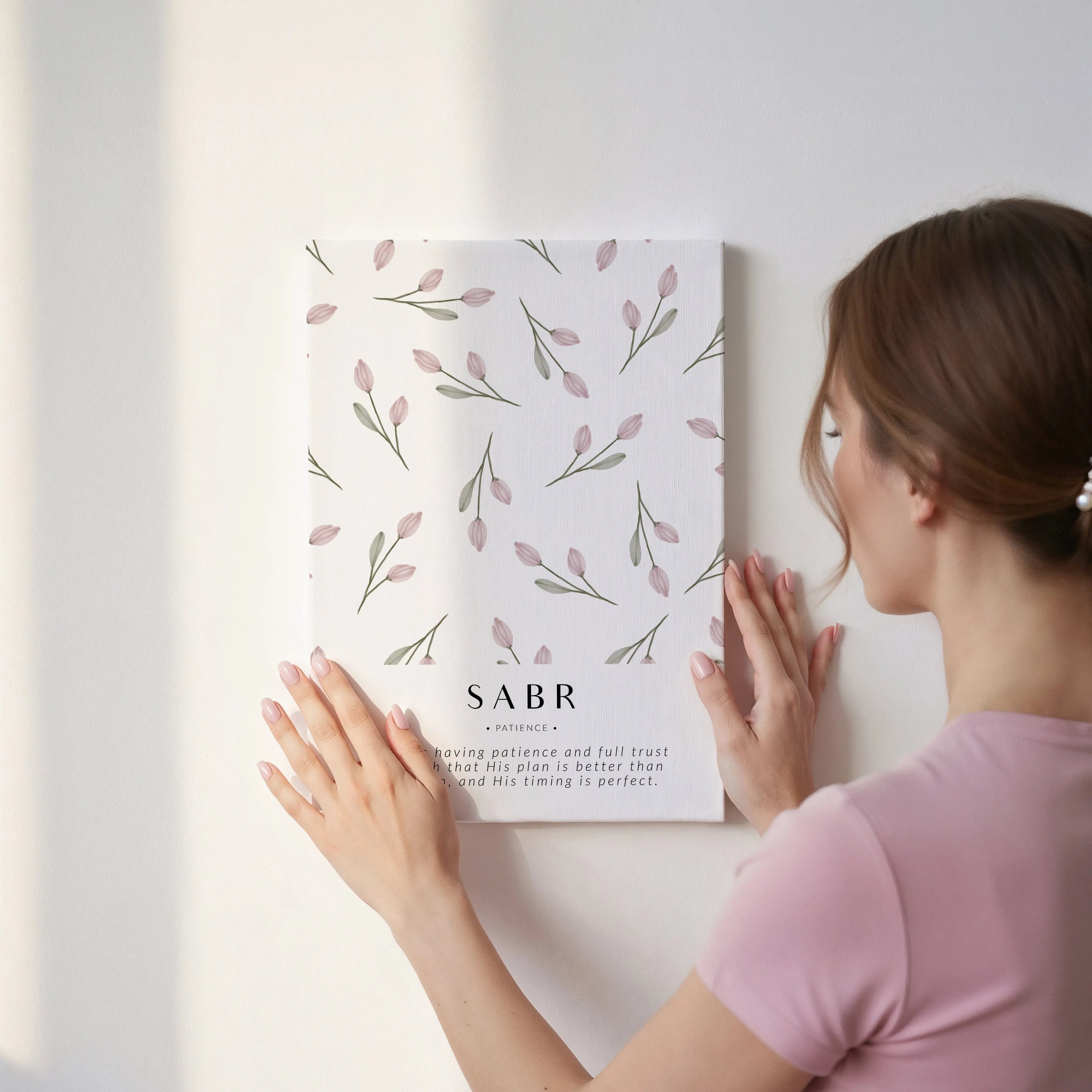 Sabr Patience Islamic Wall Art – Soft Pink Tulip Floral Design | 4K Ultra Wrap Frame Wall Art in Pakistan | IBRELIA™ IBRELIA