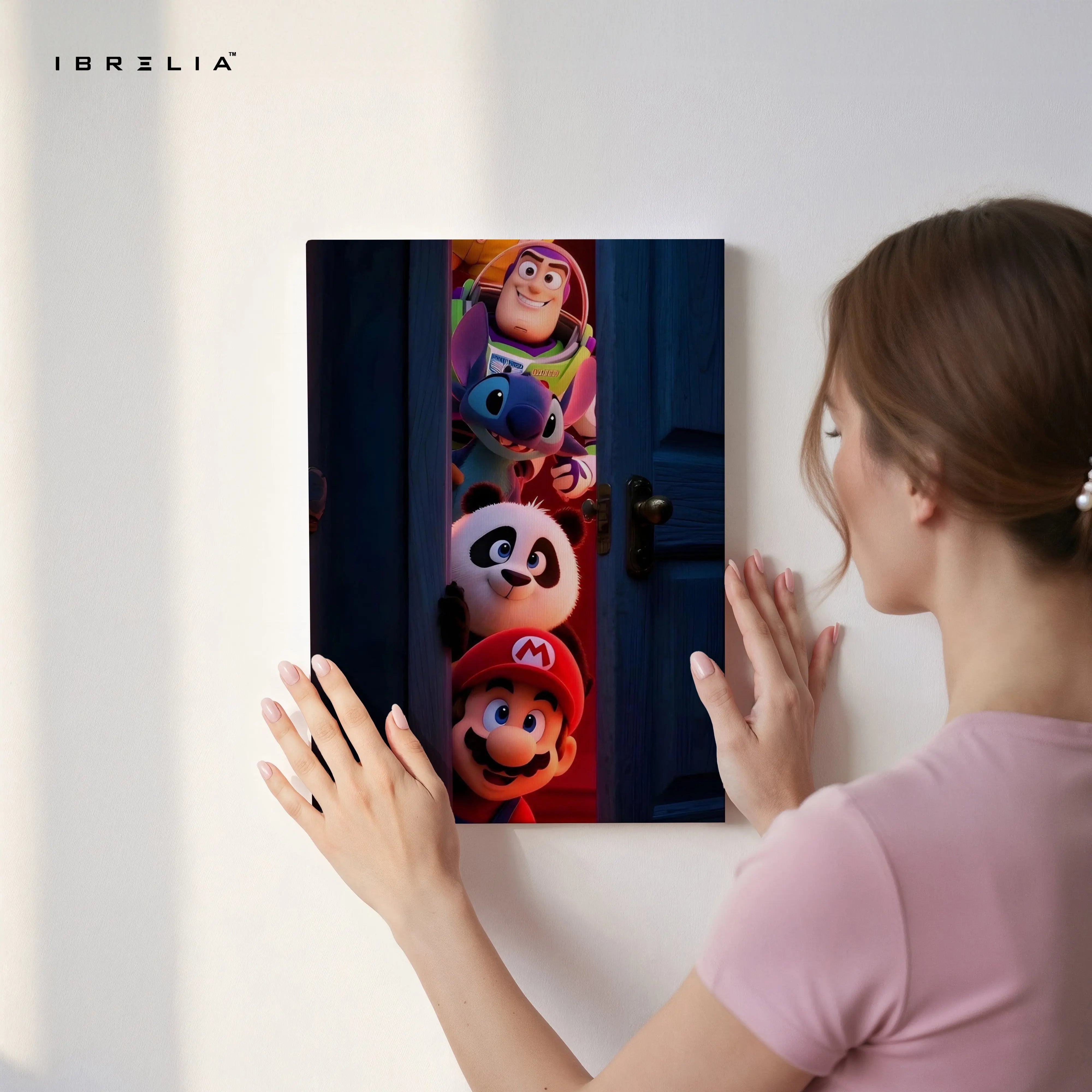 Cartoon Crossover Door Wall Art – Mario Buzz Stitch Panda Canvas Frame | Gaming & Character Decor Pakistan | IBRELIA™ IBRELIA