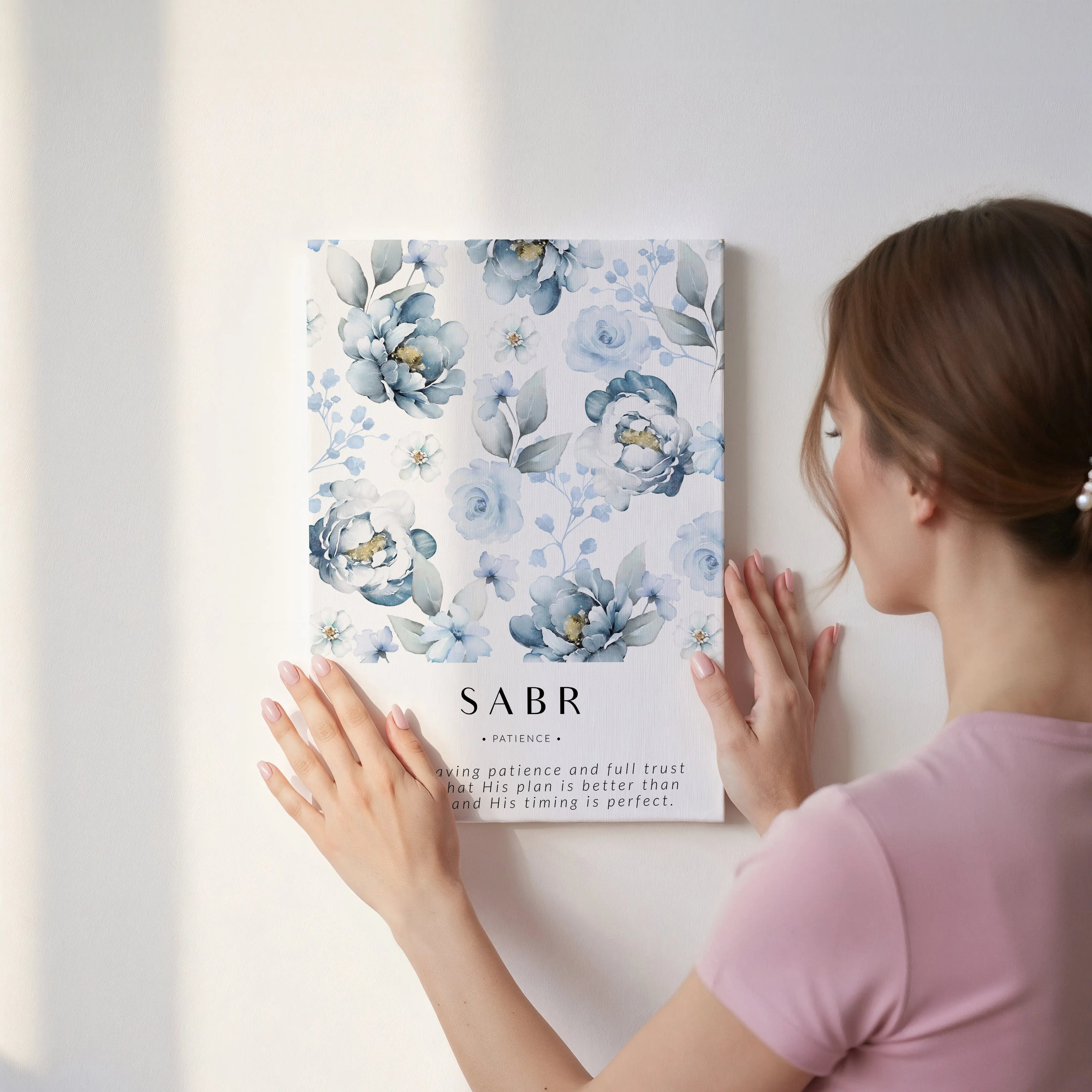 Sabr Islamic Wall Art – Blue Floral Patience Design | 4K Ultra Wrap Frame Wall Art in Pakistan | IBRELIA™ IBRELIA