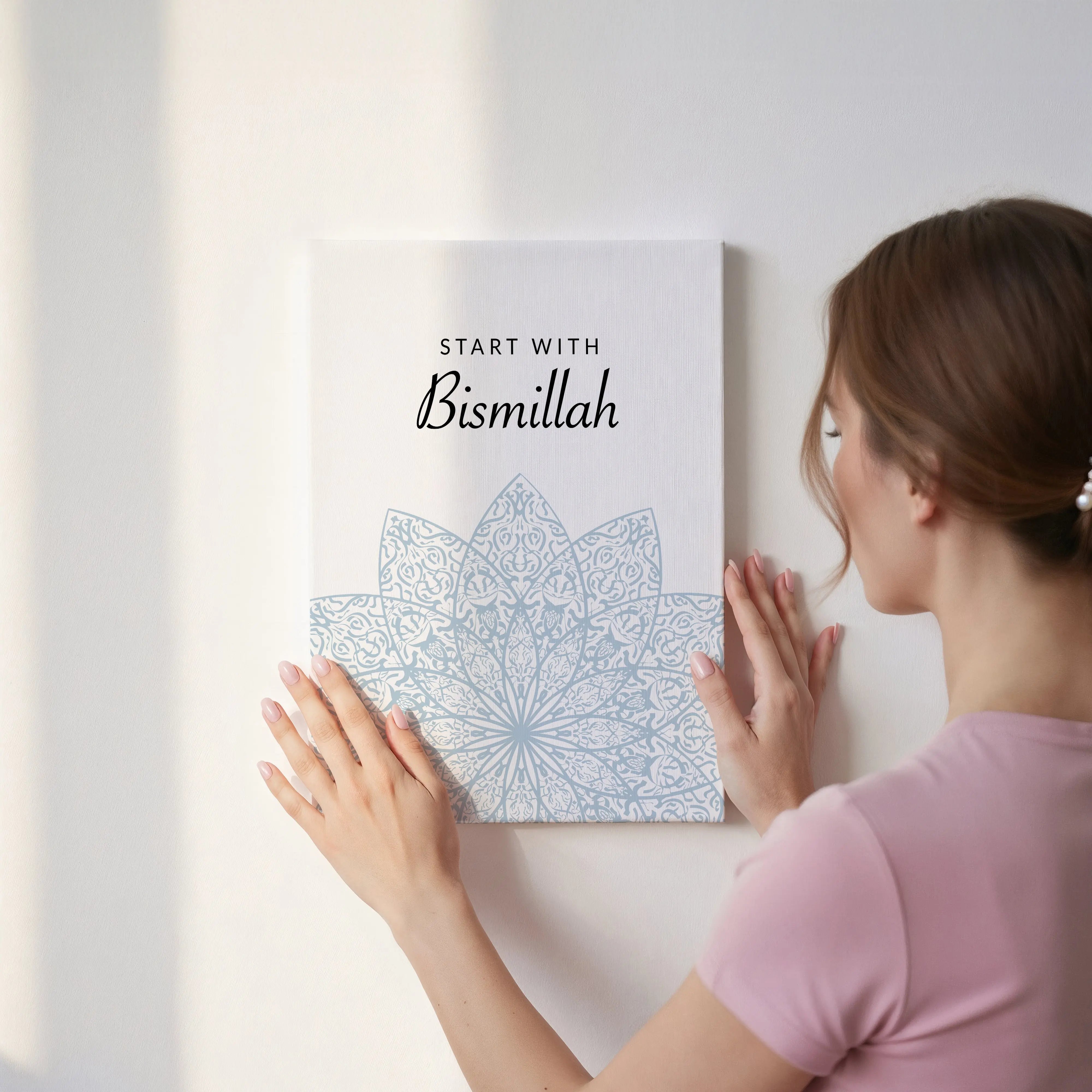 Start With Bismillah Islamic Wall Art – Soft Blue Mandala Design | 4K Ultra Wrap Frame Wall Art in Pakistan | IBRELIA™ IBRELIA