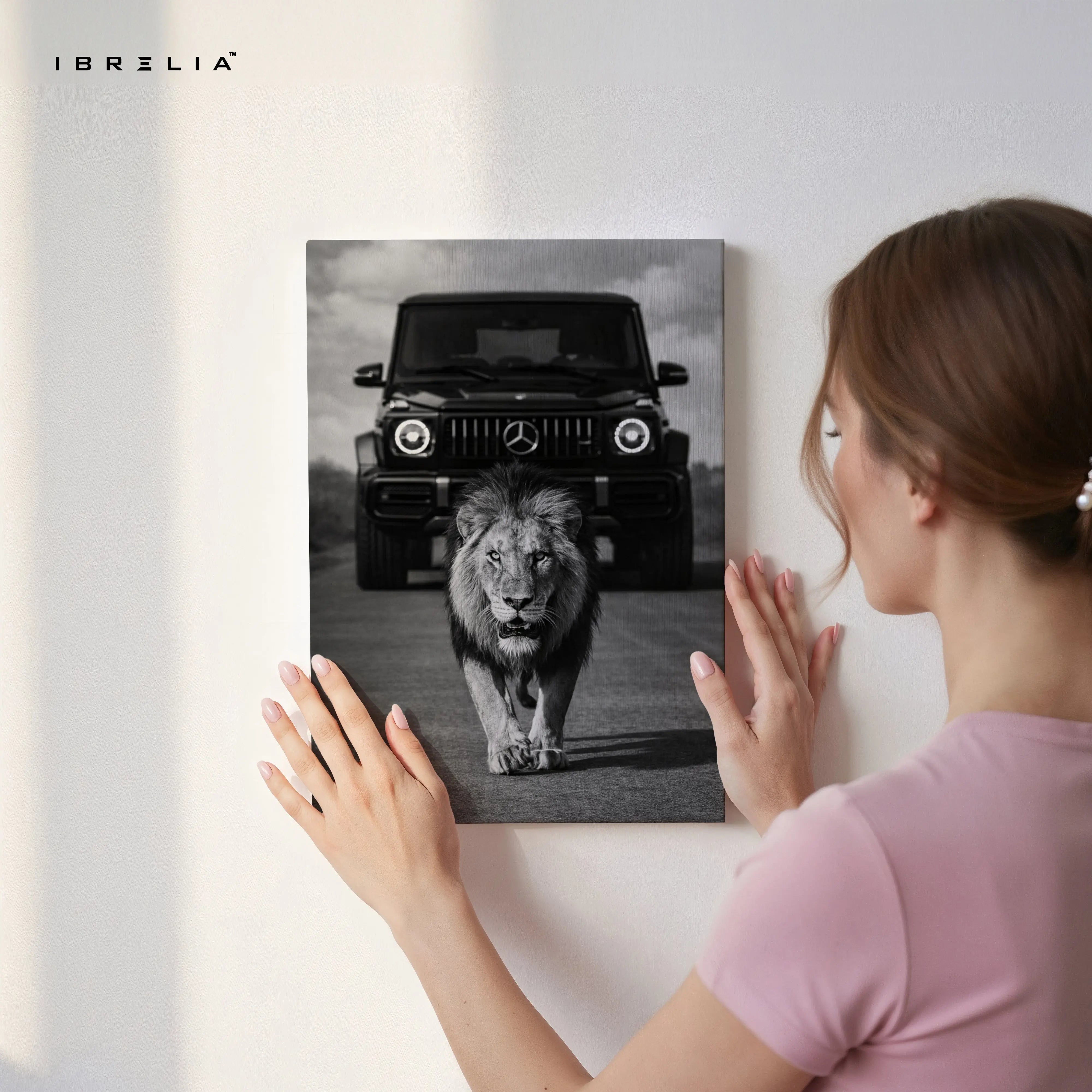 Lion & G Wagon Power Wall Art – Luxury Beast Black & White Canvas Frame | Bold Animal Car Poster Pakistan | IBRELIA™ IBRELIA