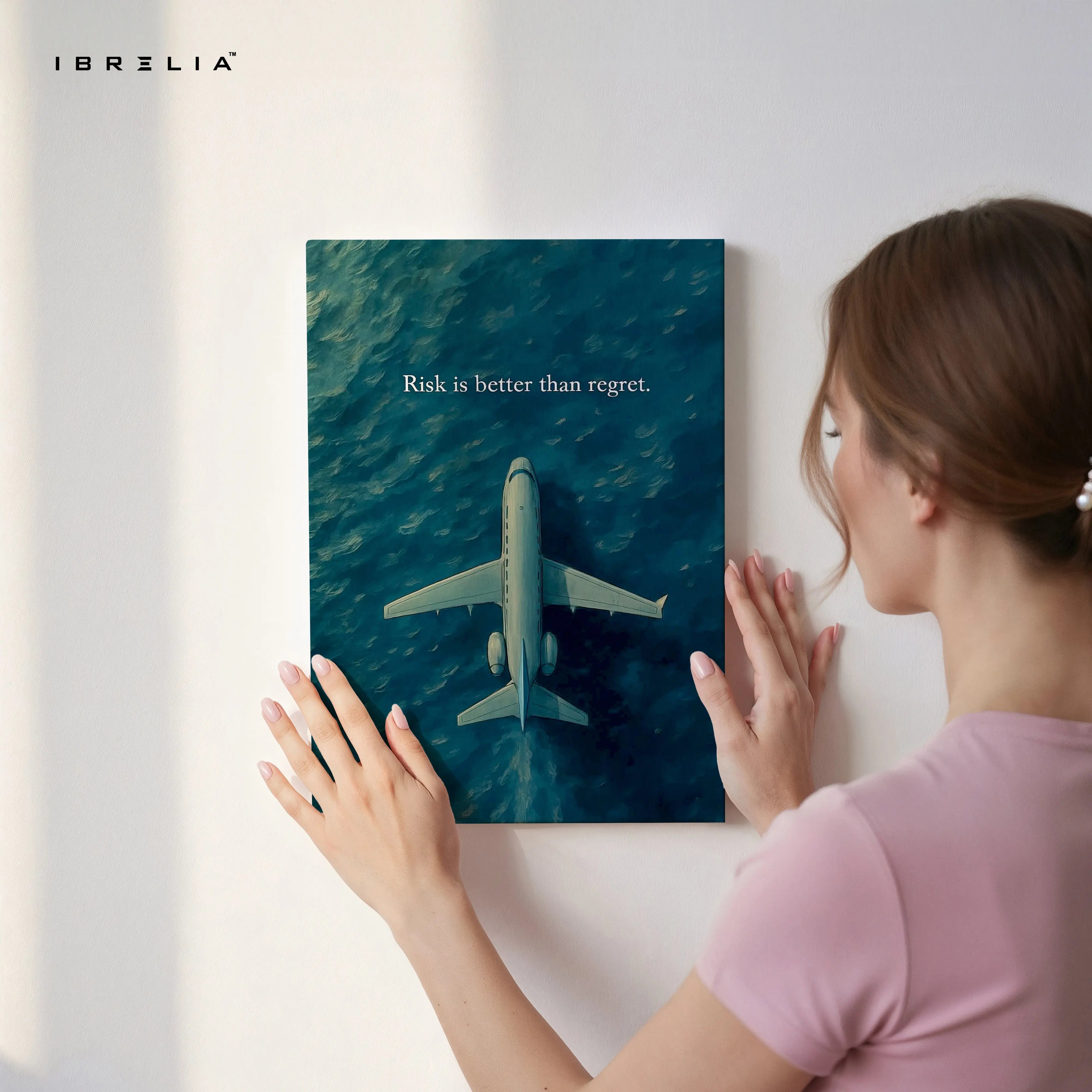 Risk Is Better Than Regret Wall Art – Airplane Motivation Canvas Frame | Minimal Travel Quote Poster Pakistan | IBRELIA™ IBRELIA