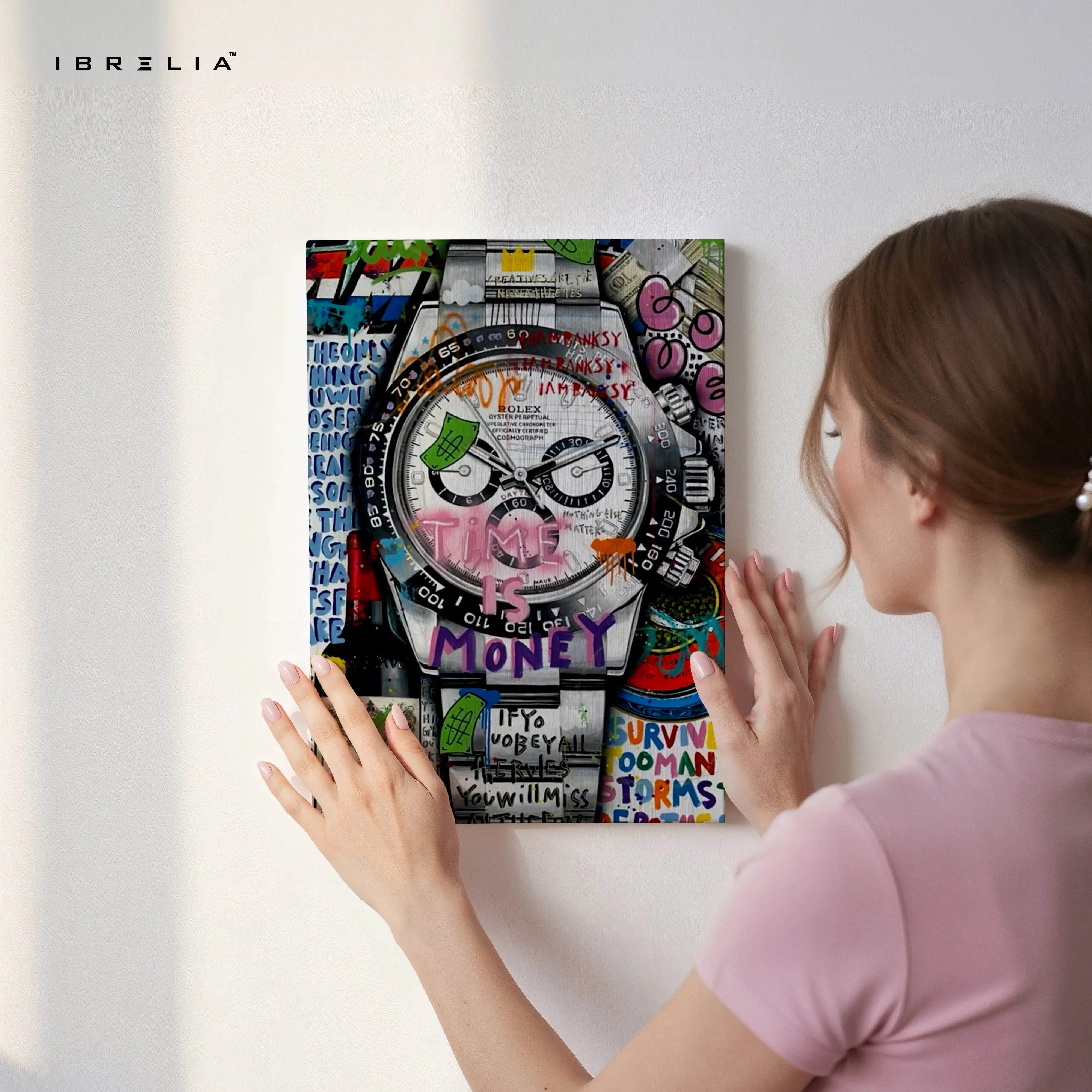Luxury Watch Graffiti Wall Art – Rolex Inspired Street Art Poster | Time Is Money Canvas Frame Pakistan | IBRELIA™ IBRELIA