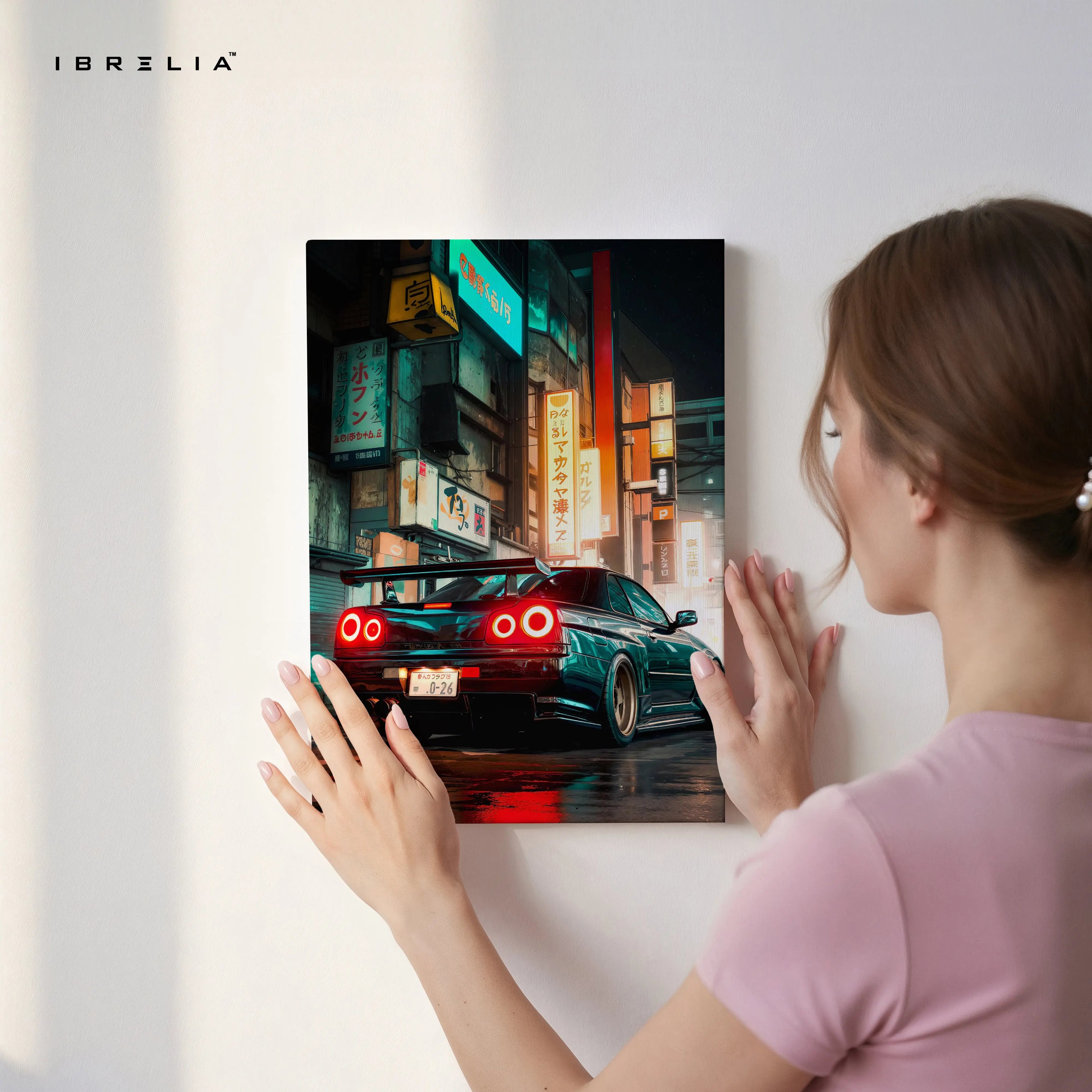 JDM Neon Night Street Car Art – Cyberpunk Tokyo Style Sports Car Wall Art | 4K Ultra Wrap Frame Wall Art in Pakistan | IBRELIA™ IBRELIA