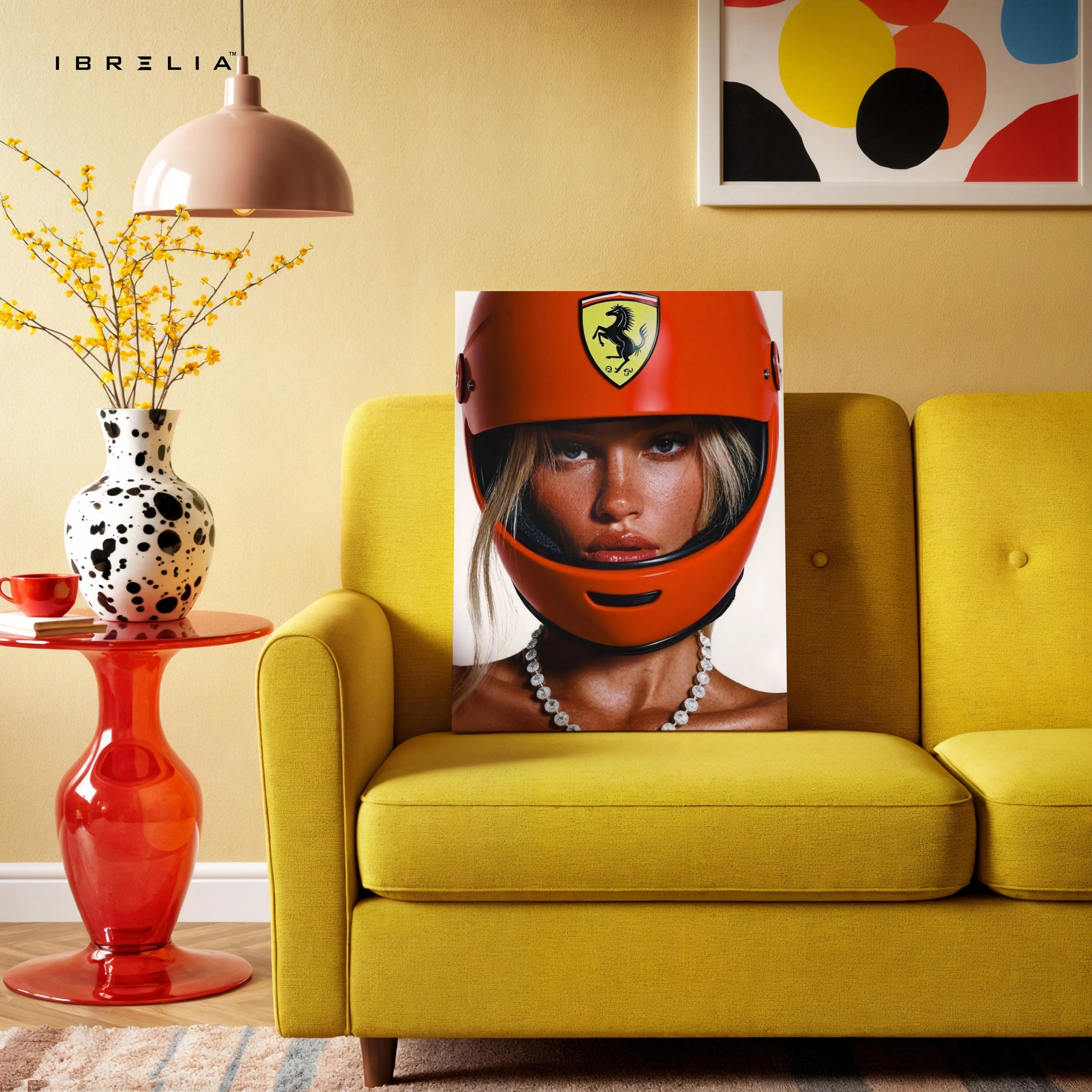 Ferrari Helmet Aesthetic Wall Art – Luxury Racing Canvas Frame Pakistan | Motorsport Fashion Poster | IBRELIA™ IBRELIA