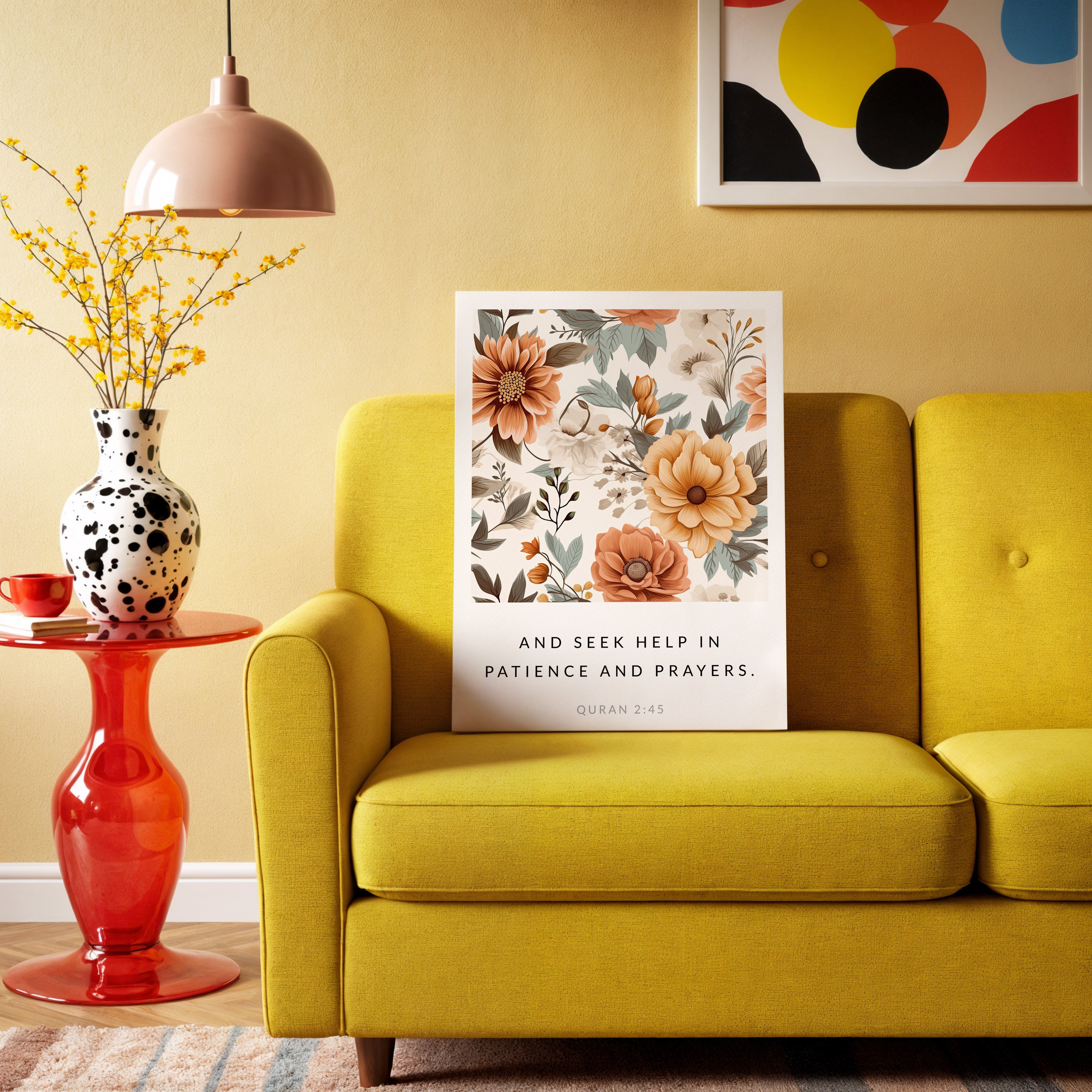 Seek Help in Patience and Prayer Quran 2:45 Islamic Wall Art – Warm Floral Design | 4K Ultra Wrap Frame Wall Art in Pakistan | IBRELIA™