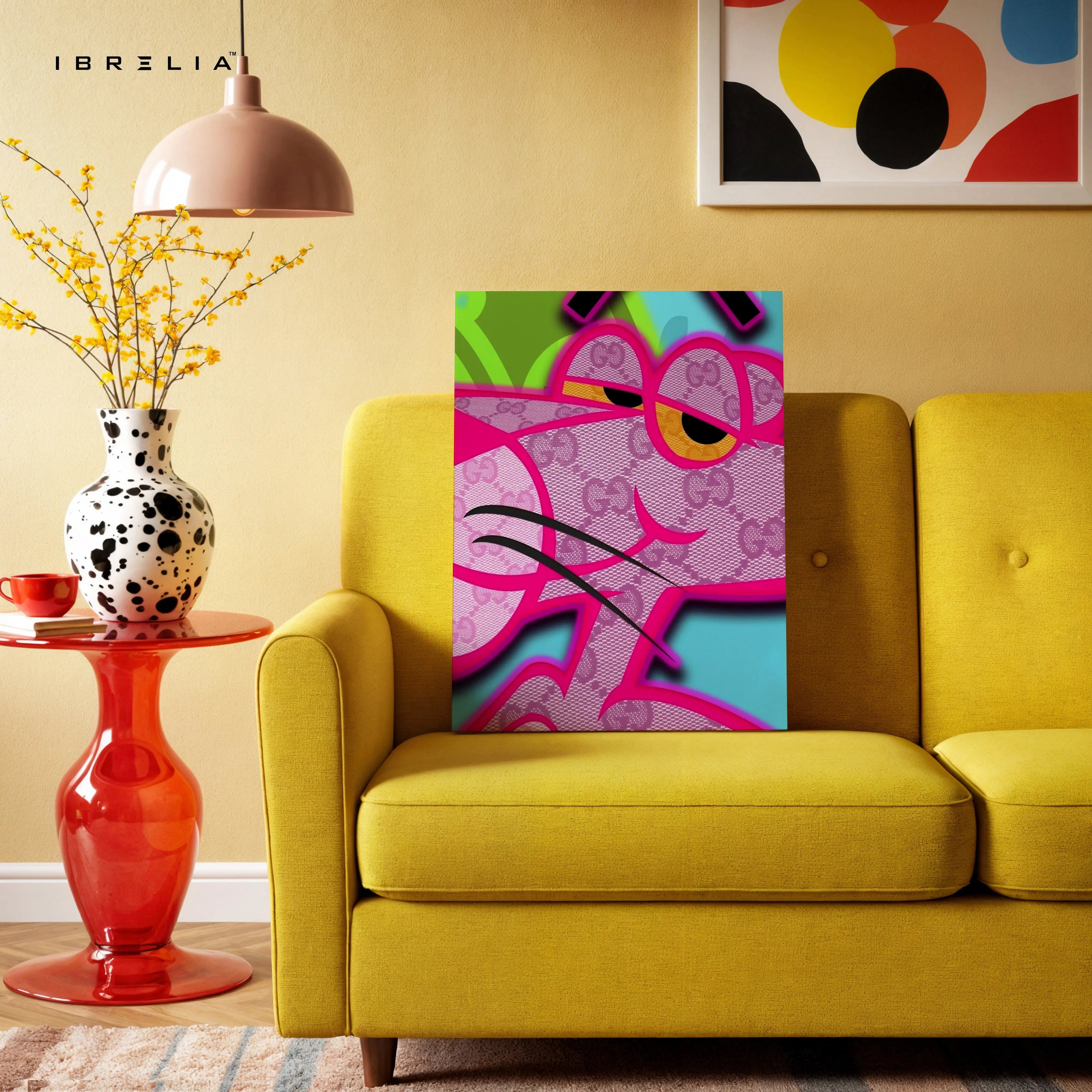 Gucci x Pink Panther Wall Art – Neon Luxury Cartoon Canvas Frame | Designer Street Style Poster Pakistan | IBRELIA™ IBRELIA