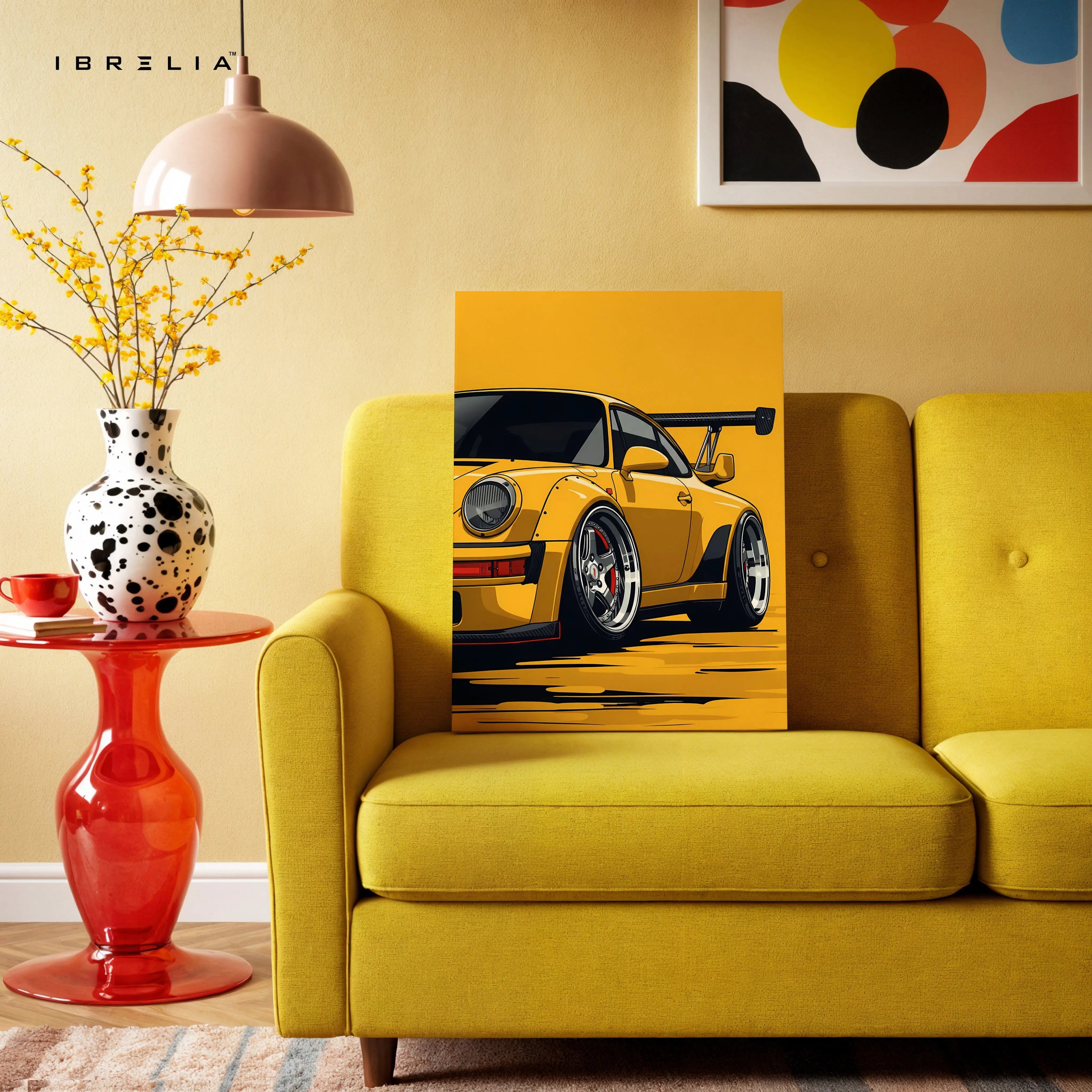 Porsche Yellow Widebody Wall Art – Sports Car Racing Canvas Frame Pakistan | JDM Style Car Poster | IBRELIA™ IBRELIA