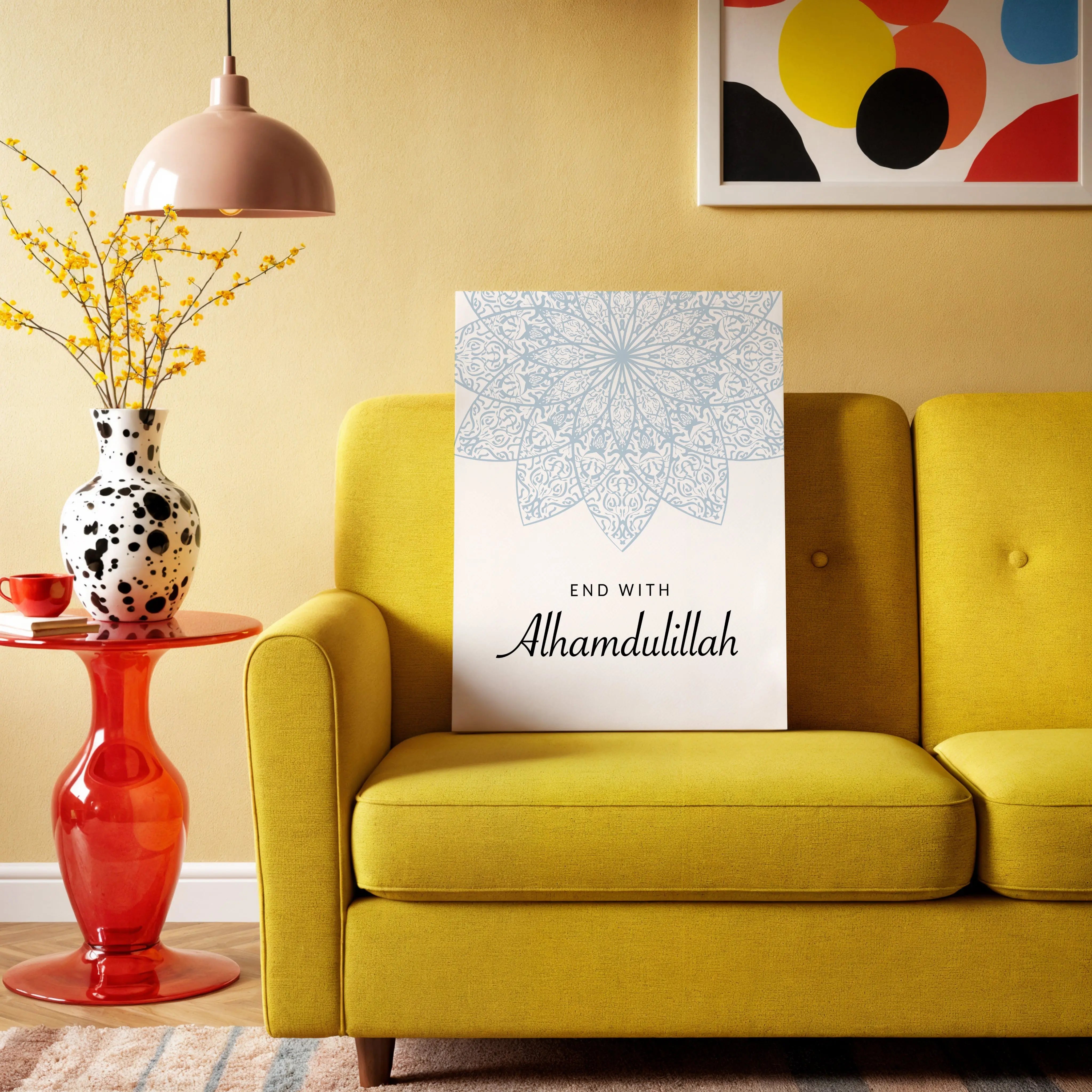 End With Alhamdulillah Islamic Wall Art – Soft Blue Mandala Design | 4K Ultra Wrap Frame Wall Art in Pakistan | IBRELIA™ IBRELIA