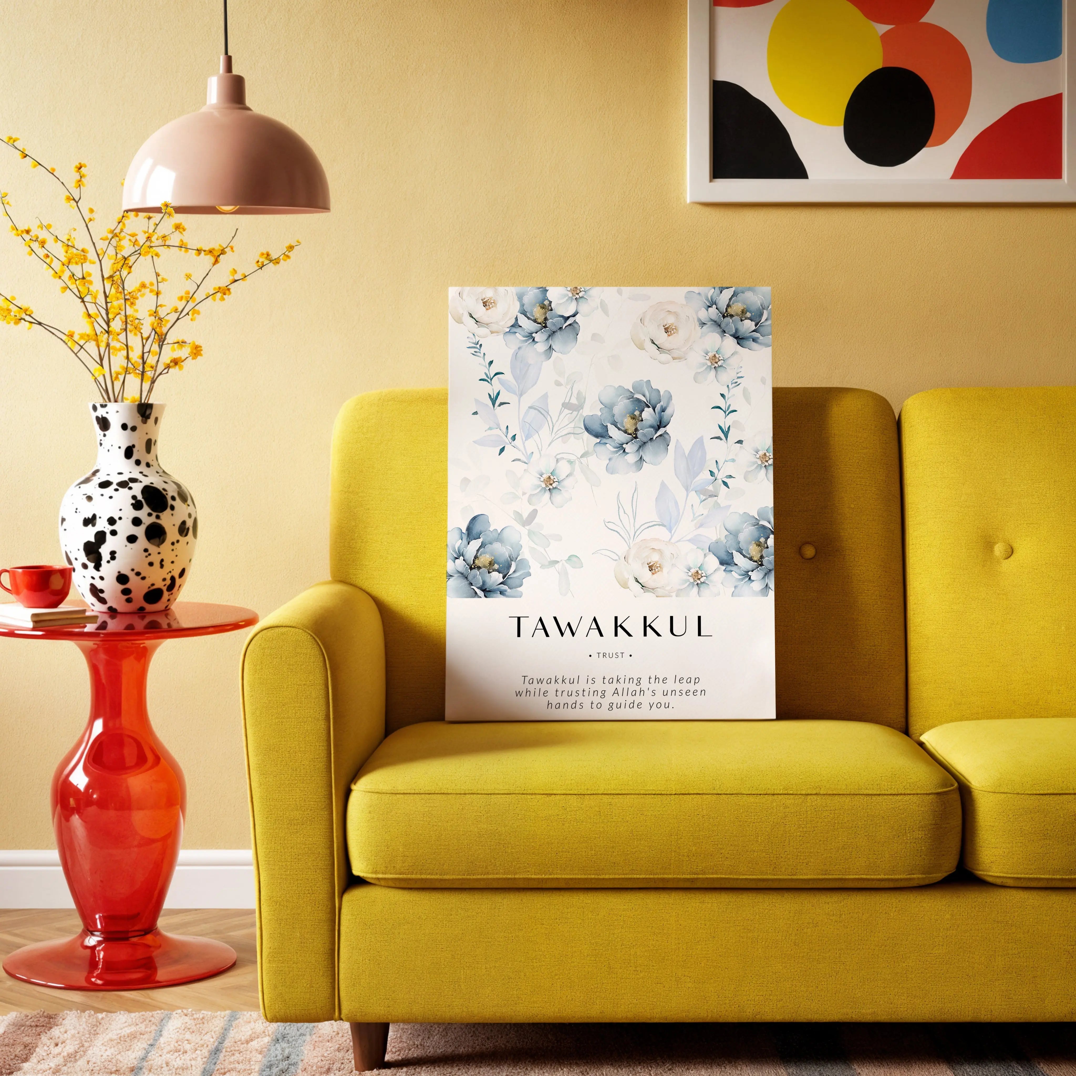Tawakkul Islamic Wall Art – Blue Floral Trust Design | 4K Ultra Wrap Frame Wall Art in Pakistan | IBRELIA™ IBRELIA