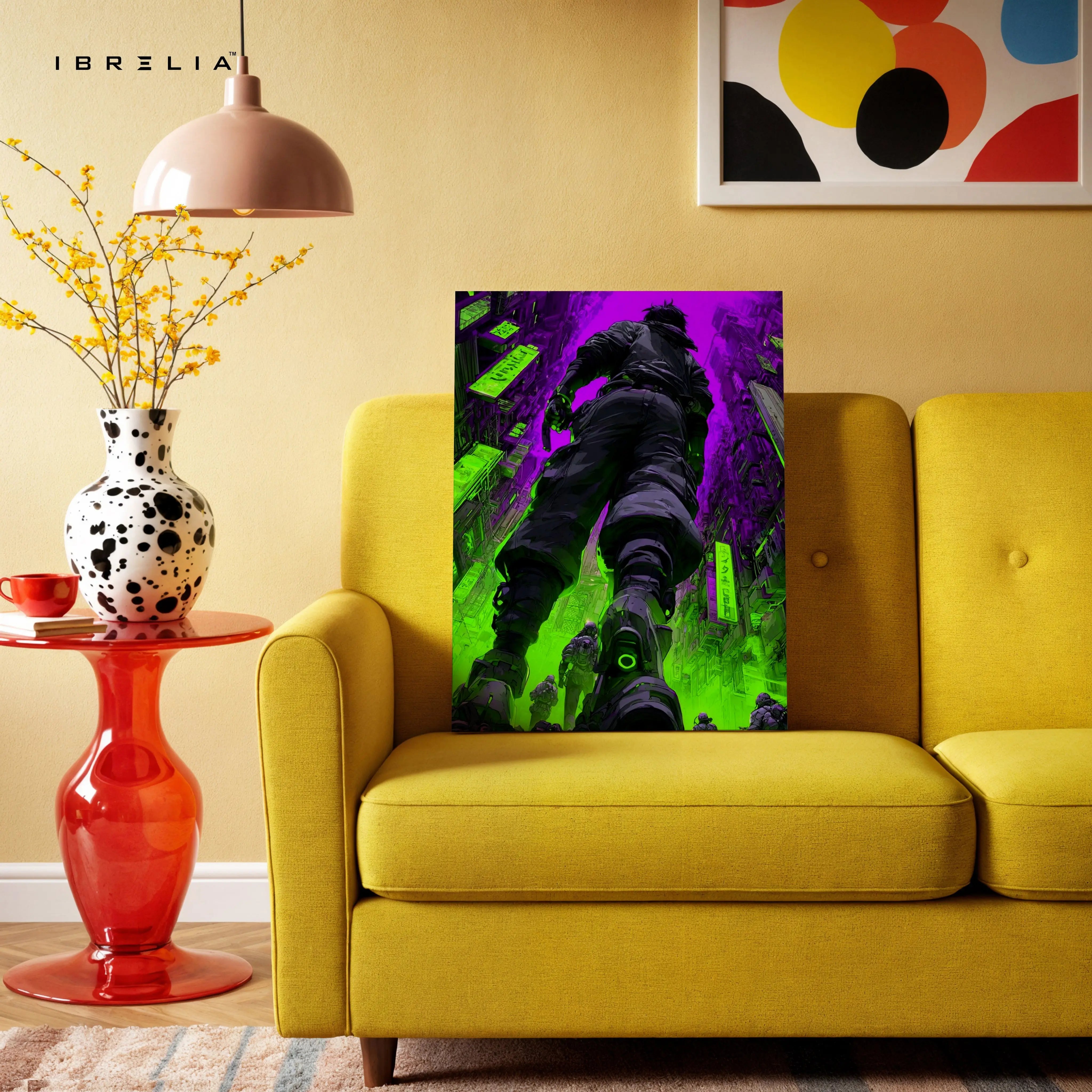 Cyberpunk Neon Soldier Wall Art – Futuristic City Canvas Frame | Sci-Fi Gaming Poster Pakistan | IBRELIA™ IBRELIA