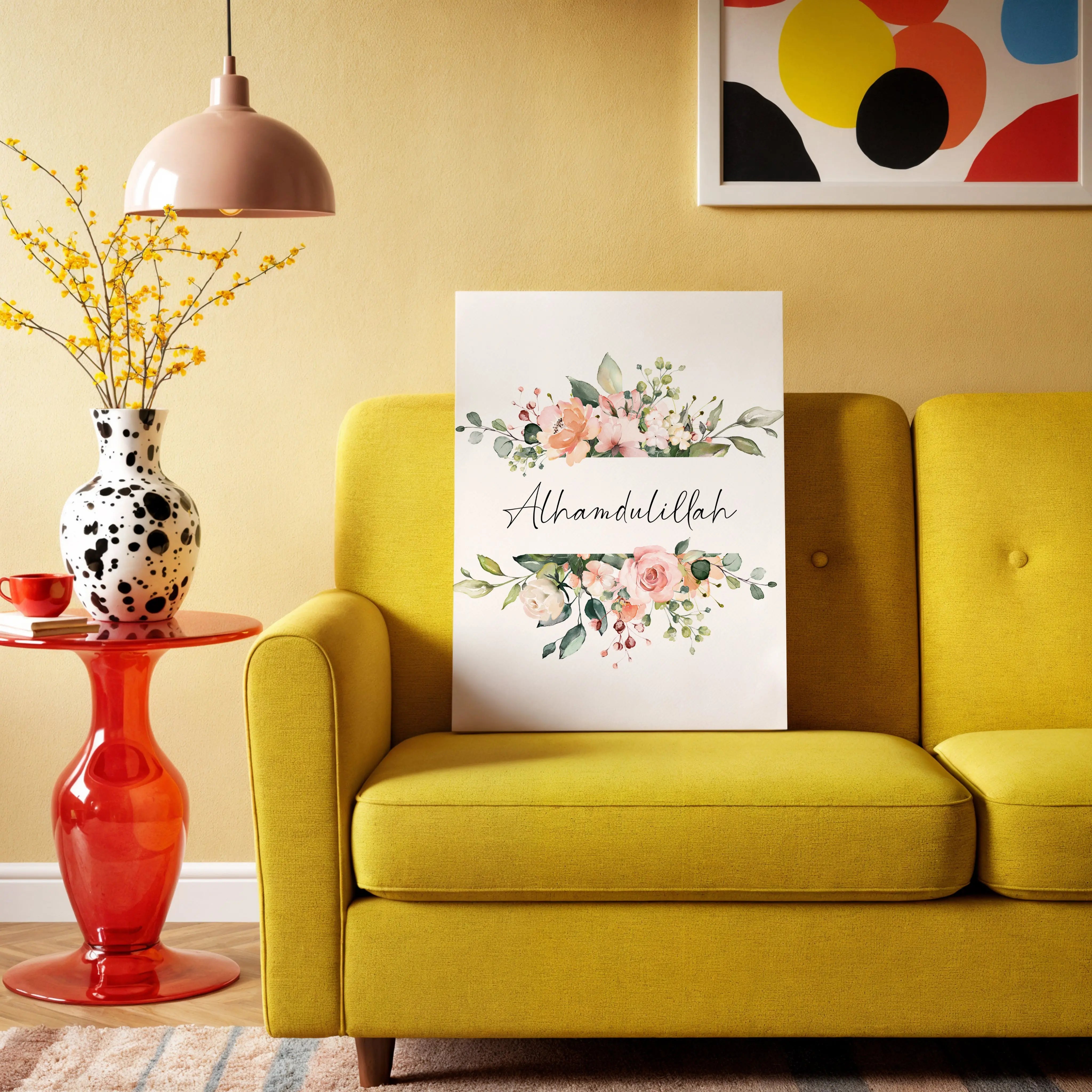 Alhamdulillah Islamic Wall Art – Elegant Floral Watercolor Design | 4K Ultra Wrap Frame Wall Art in Pakistan | IBRELIA™ IBRELIA