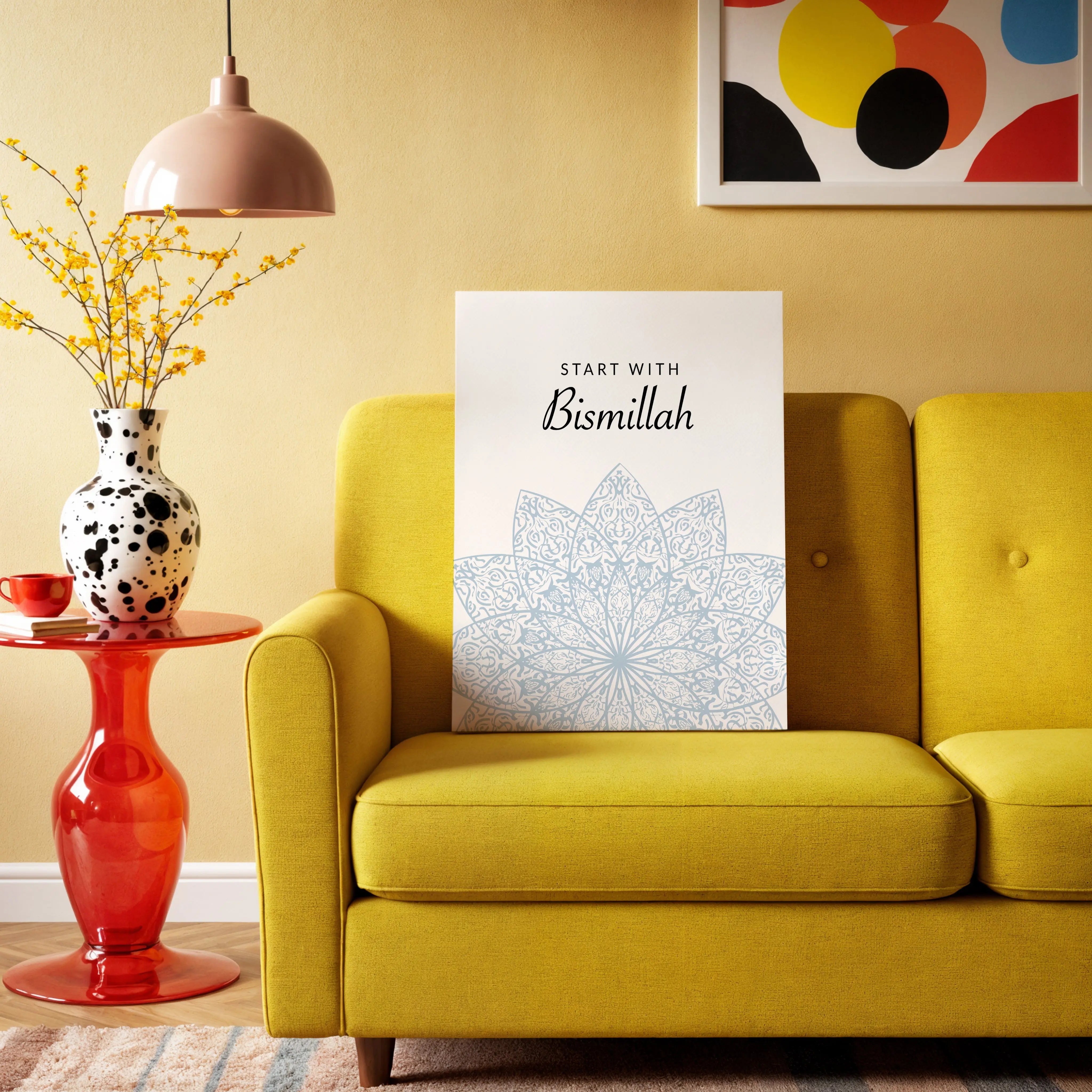 Start With Bismillah Islamic Wall Art – Soft Blue Mandala Design | 4K Ultra Wrap Frame Wall Art in Pakistan | IBRELIA™ IBRELIA
