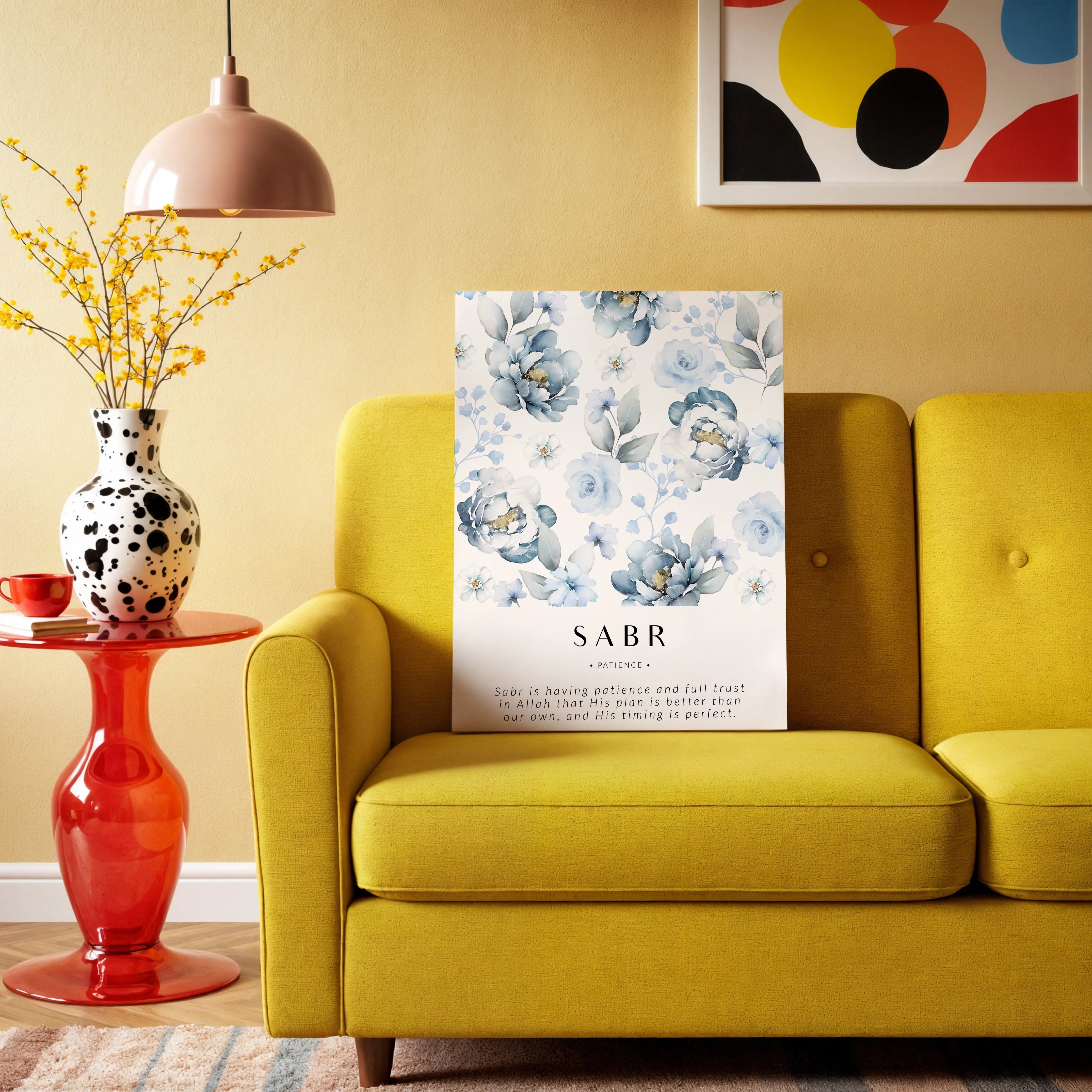 Sabr Islamic Wall Art – Blue Floral Patience Design | 4K Ultra Wrap Frame Wall Art in Pakistan | IBRELIA™ IBRELIA