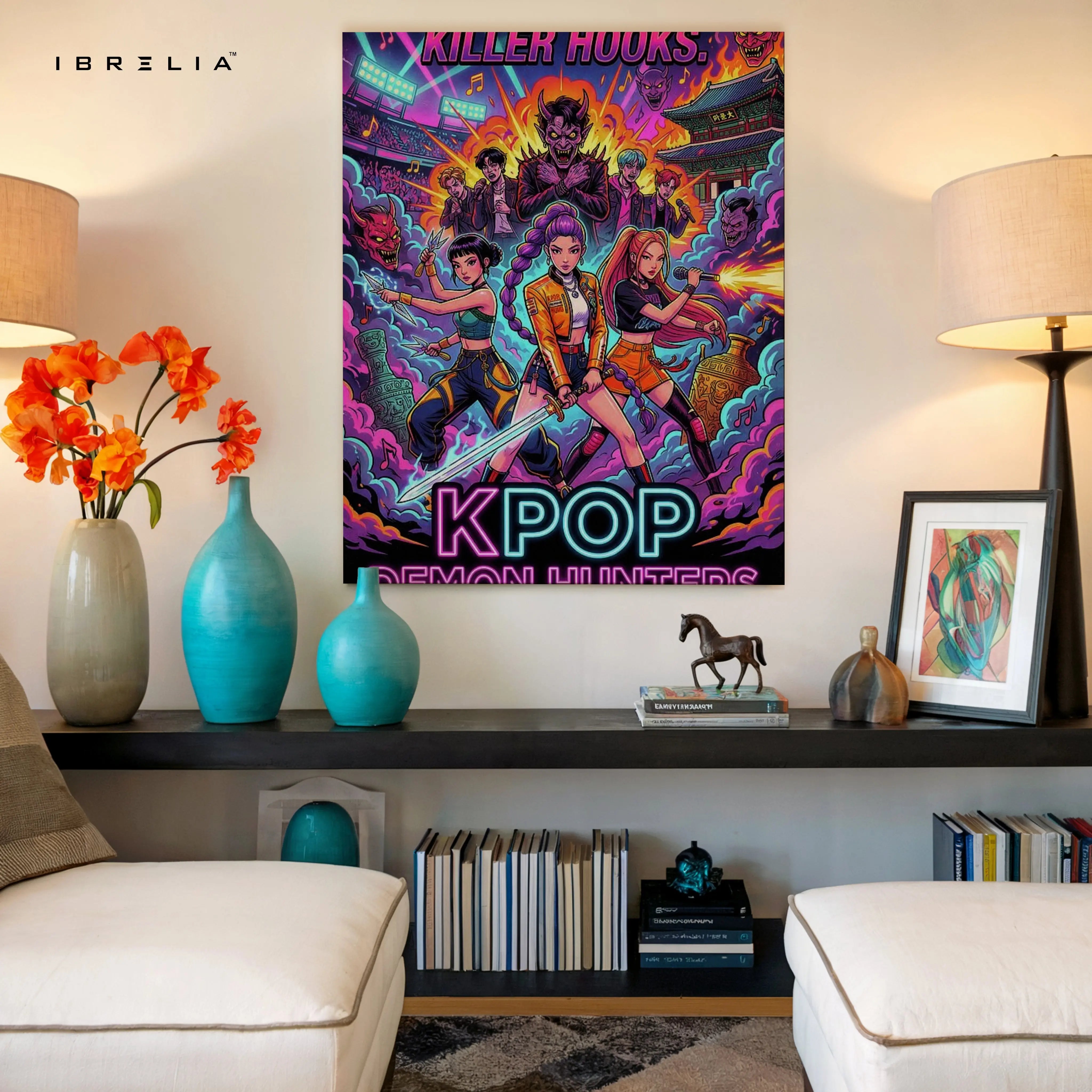 KPOP Demon Hunters Wall Art – Neon Anime Style Canvas Frame | Killer Hooks Poster Pakistan | IBRELIA™ IBRELIA