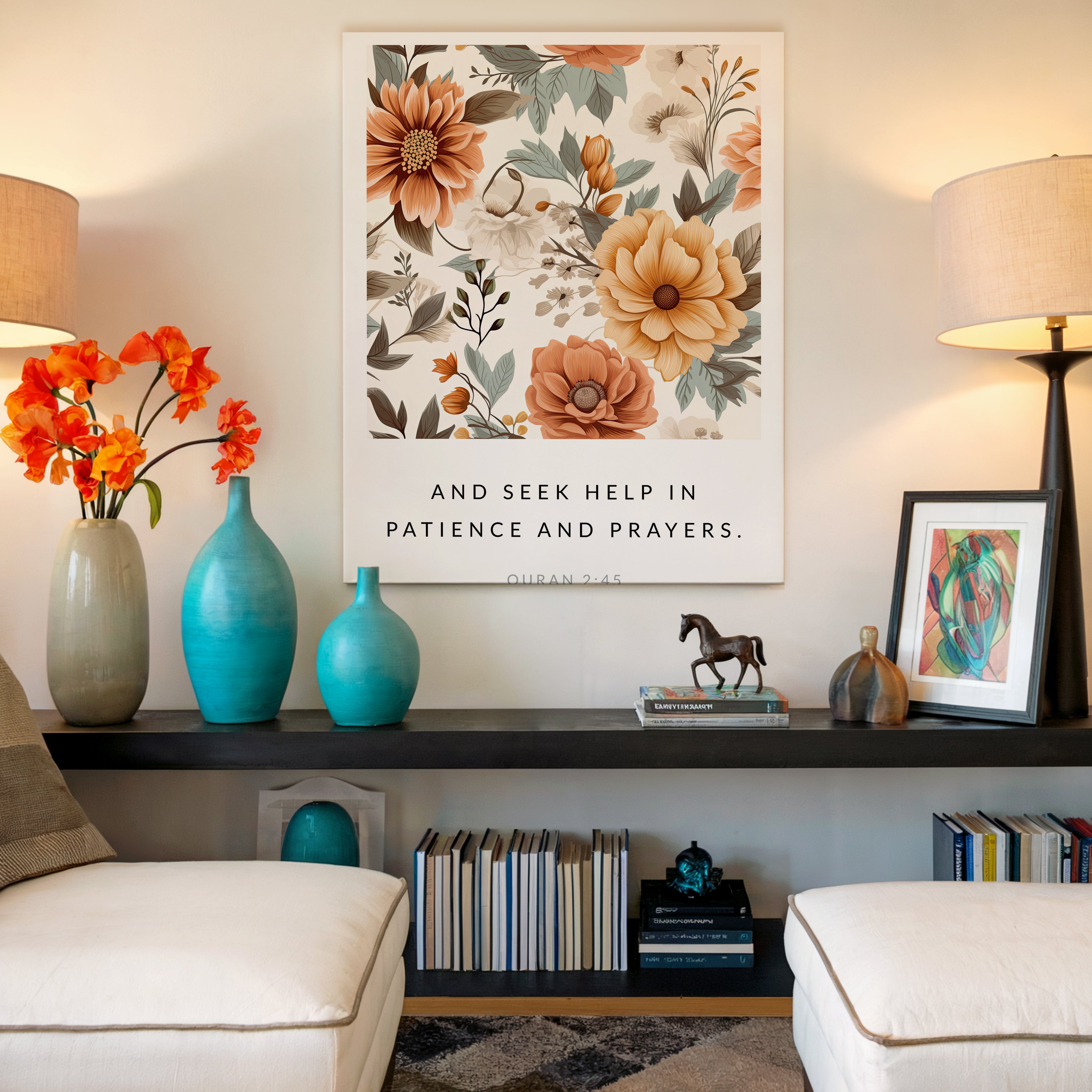 Seek Help in Patience and Prayer Quran 2:45 Islamic Wall Art – Warm Floral Design | 4K Ultra Wrap Frame Wall Art in Pakistan | IBRELIA™