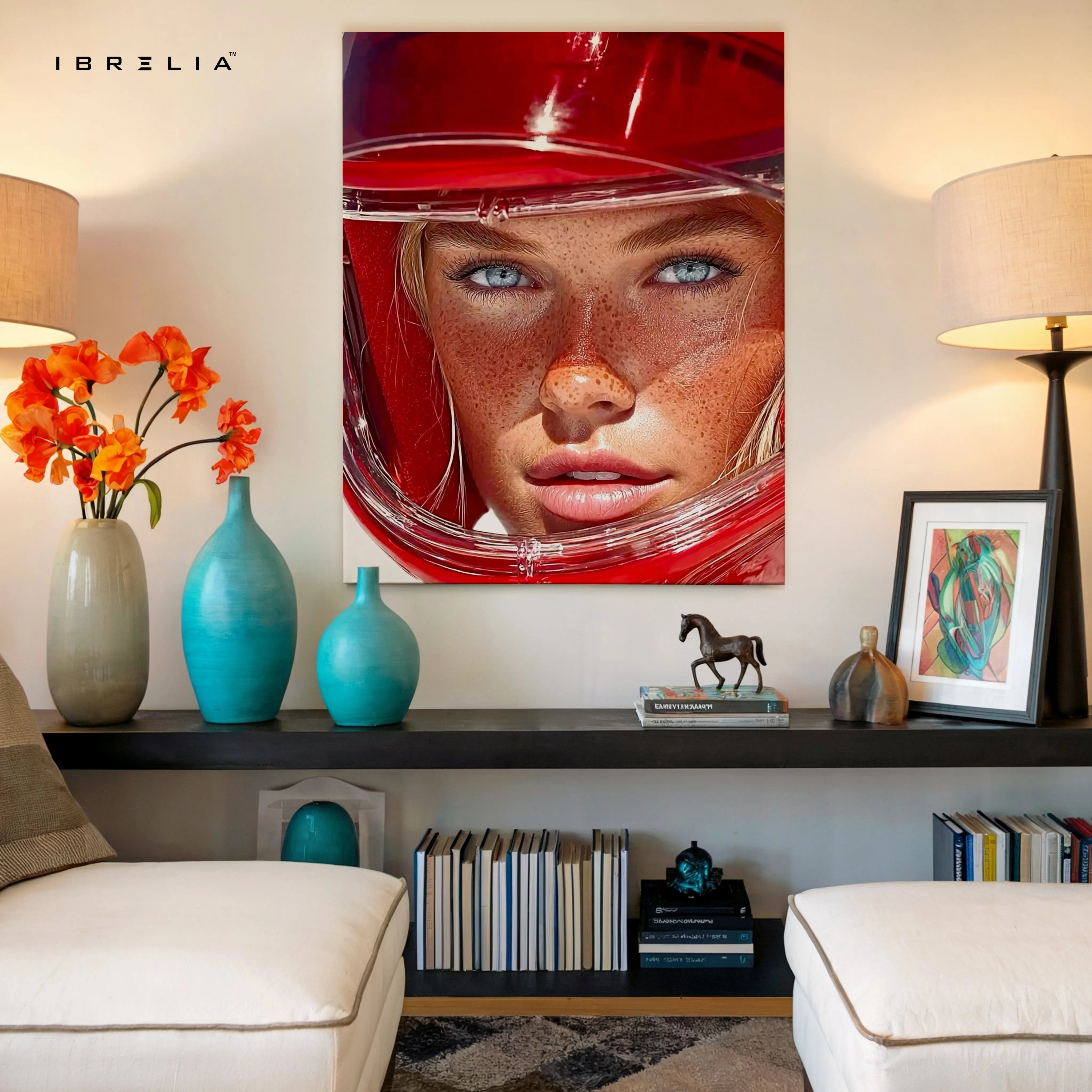 Red Helmet Portrait Wall Art – Aesthetic Fashion Canvas Frame | Bold Modern Female Poster Pakistan | IBRELIA™ IBRELIA