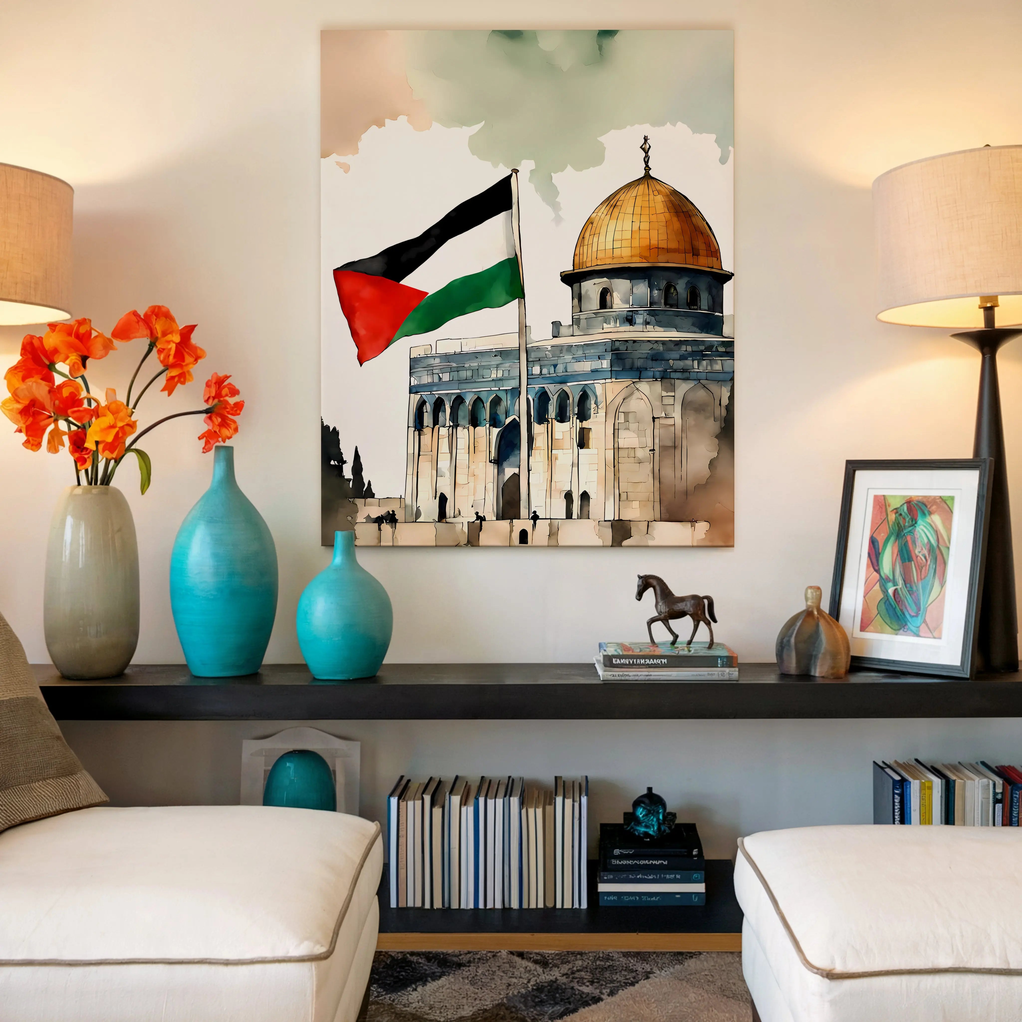 Dome of the Rock Palestine Flag Art – Jerusalem Watercolor Wall Art | 4K Ultra Wrap Frame Wall Art in Pakistan | IBRELIA™ IBRELIA