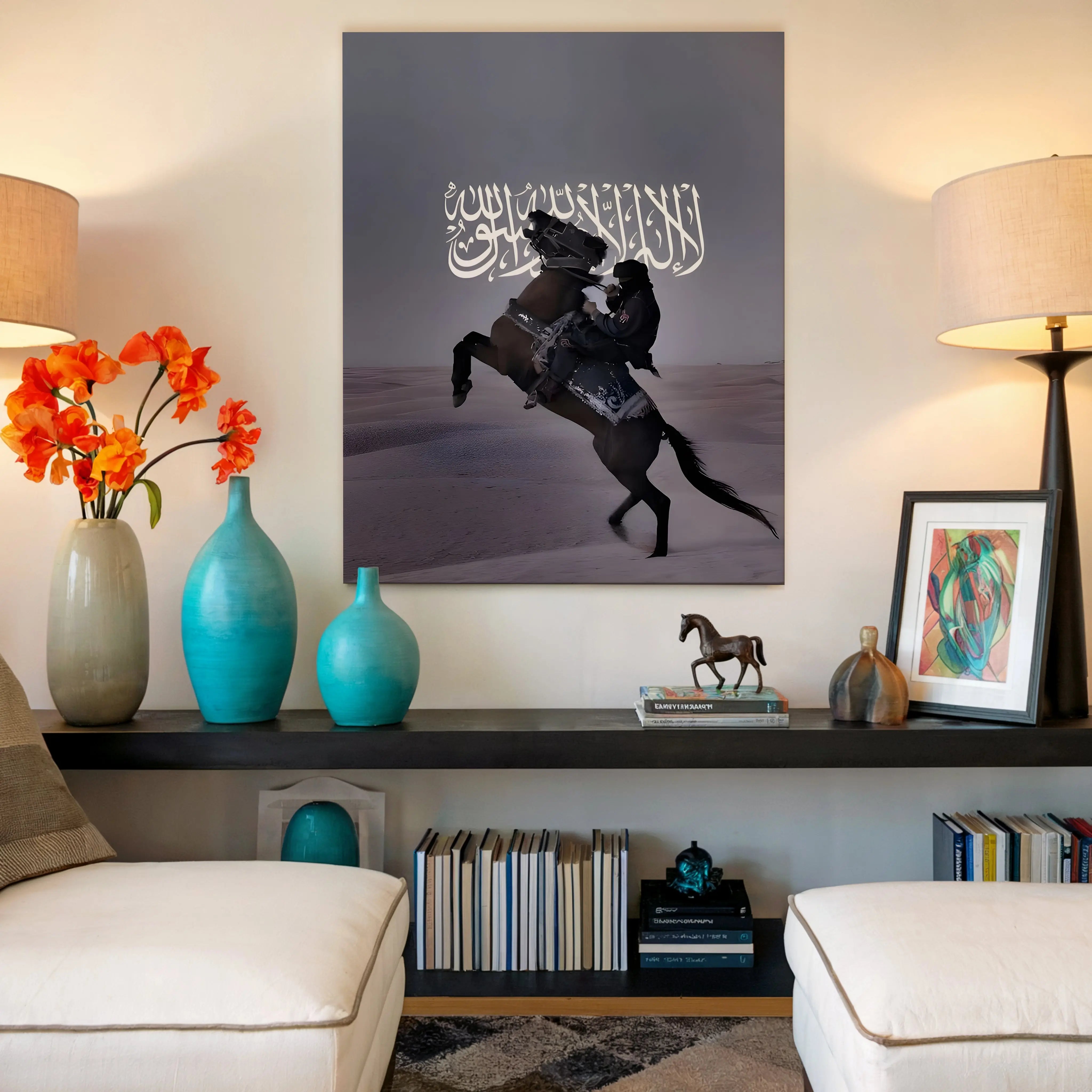 Shahada Desert Warrior Art – Islamic Calligraphy Horse Wall Art | 4K Ultra Wrap Frame Wall Art in Pakistan | IBRELIA™ IBRELIA