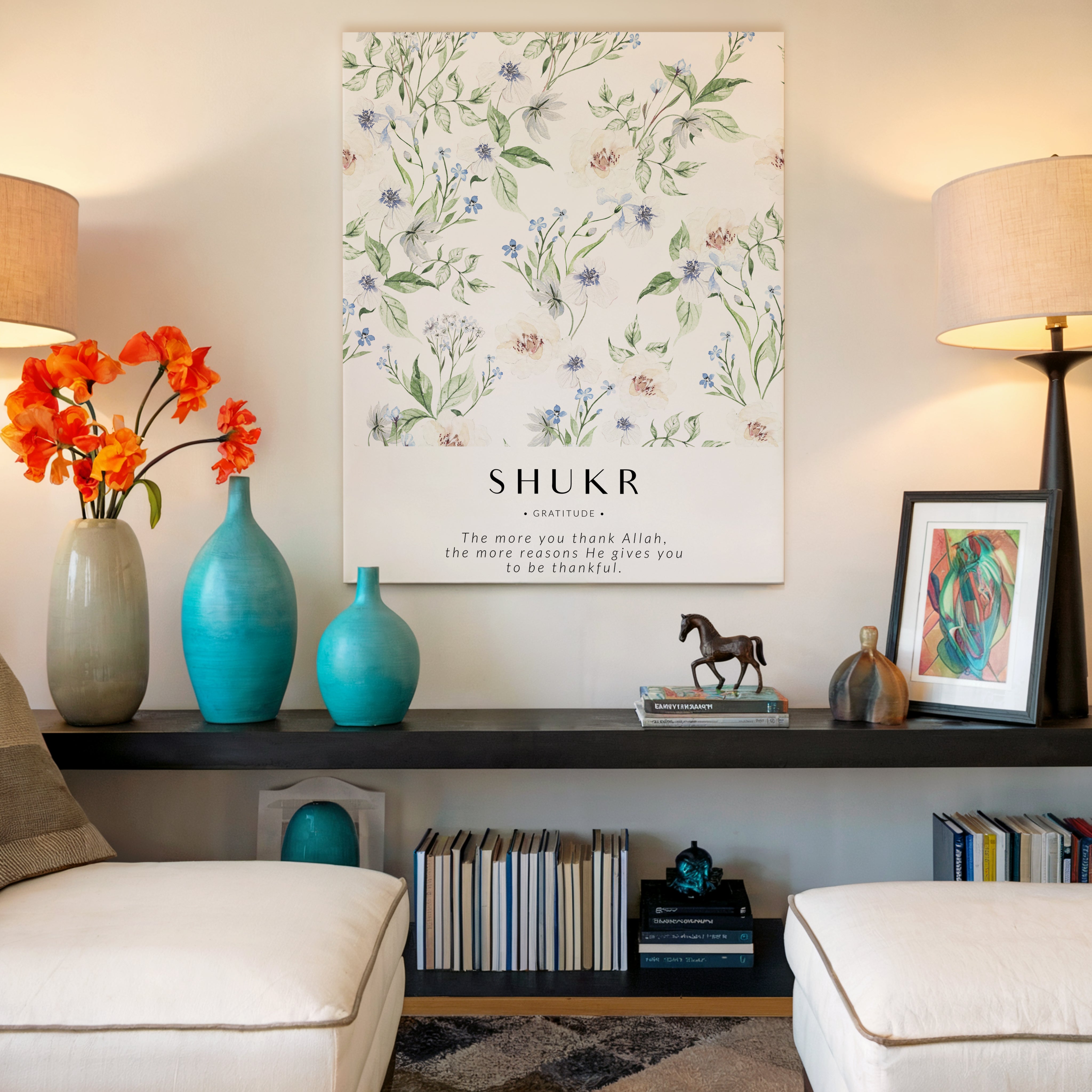 Shukr Gratitude Islamic Wall Art – Blue Floral Botanical Design | 4K Ultra Wrap Frame Wall Art in Pakistan | IBRELIA™