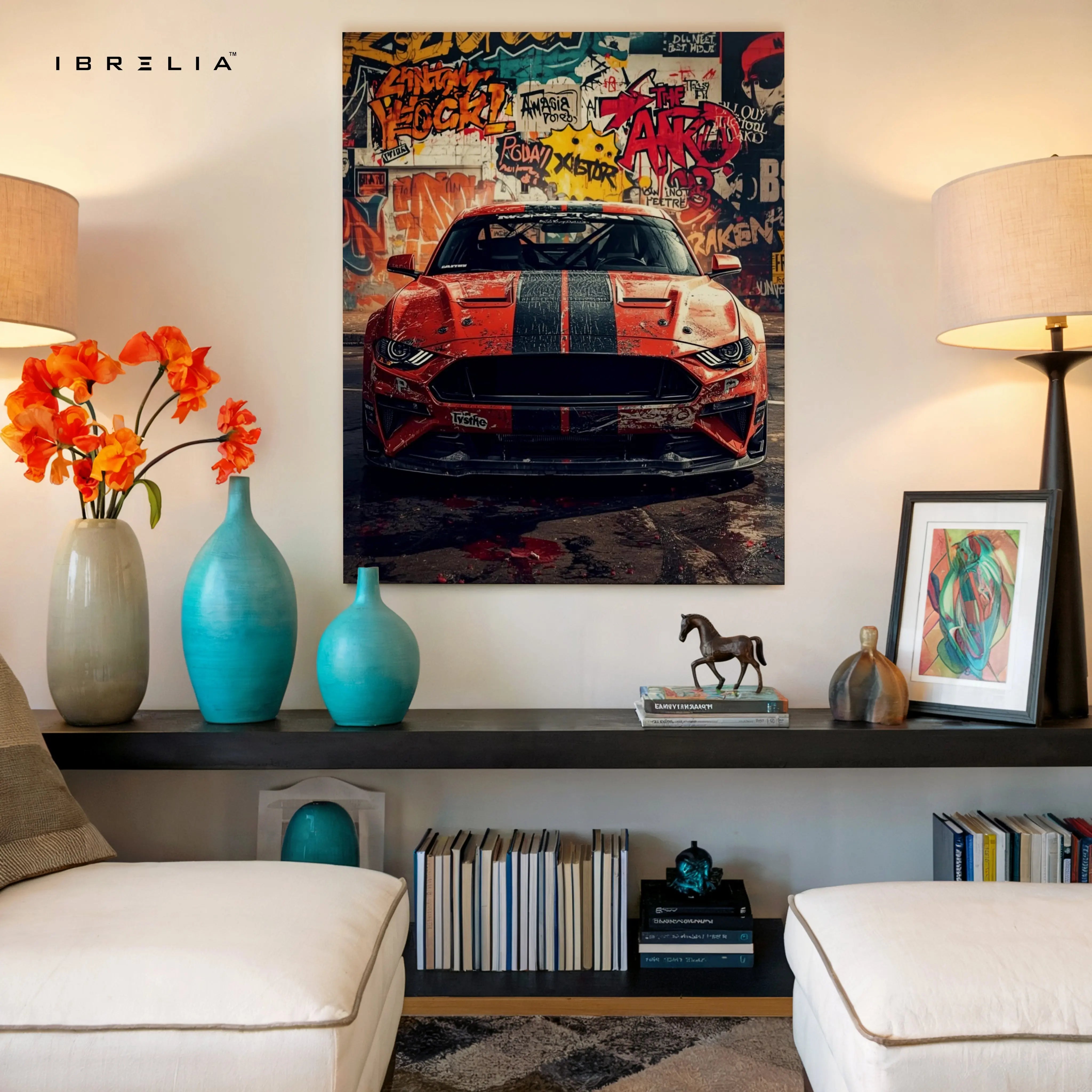 Ford Mustang Graffiti Wall Art – Street Racing Car Canvas Frame Pakistan | Urban Muscle Car Poster | IBRELIA™ IBRELIA
