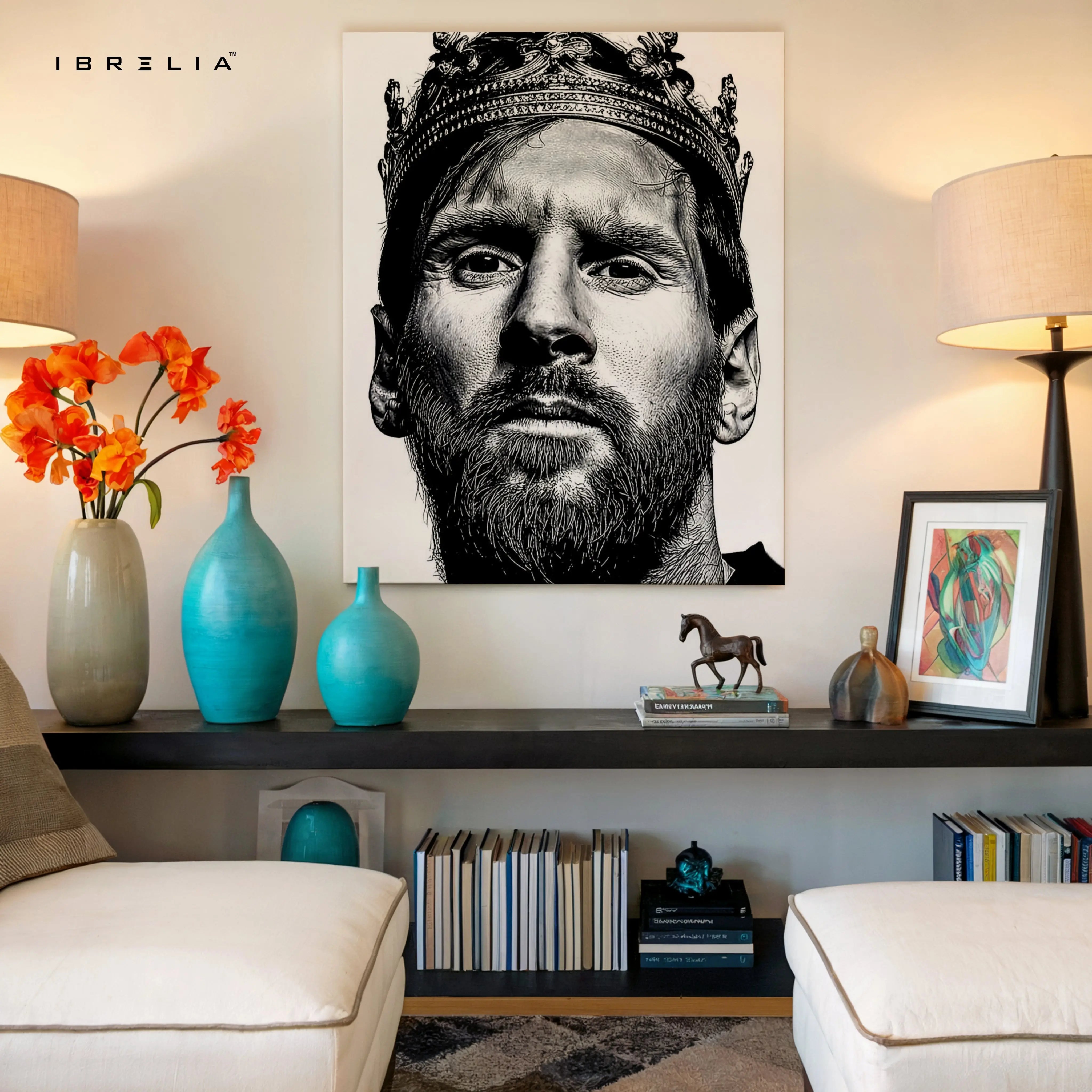 Lionel Messi Crown Portrait Wall Art – Black & White King Messi Canvas Frame | Football Legend Poster Pakistan | IBRELIA™ IBRELIA
