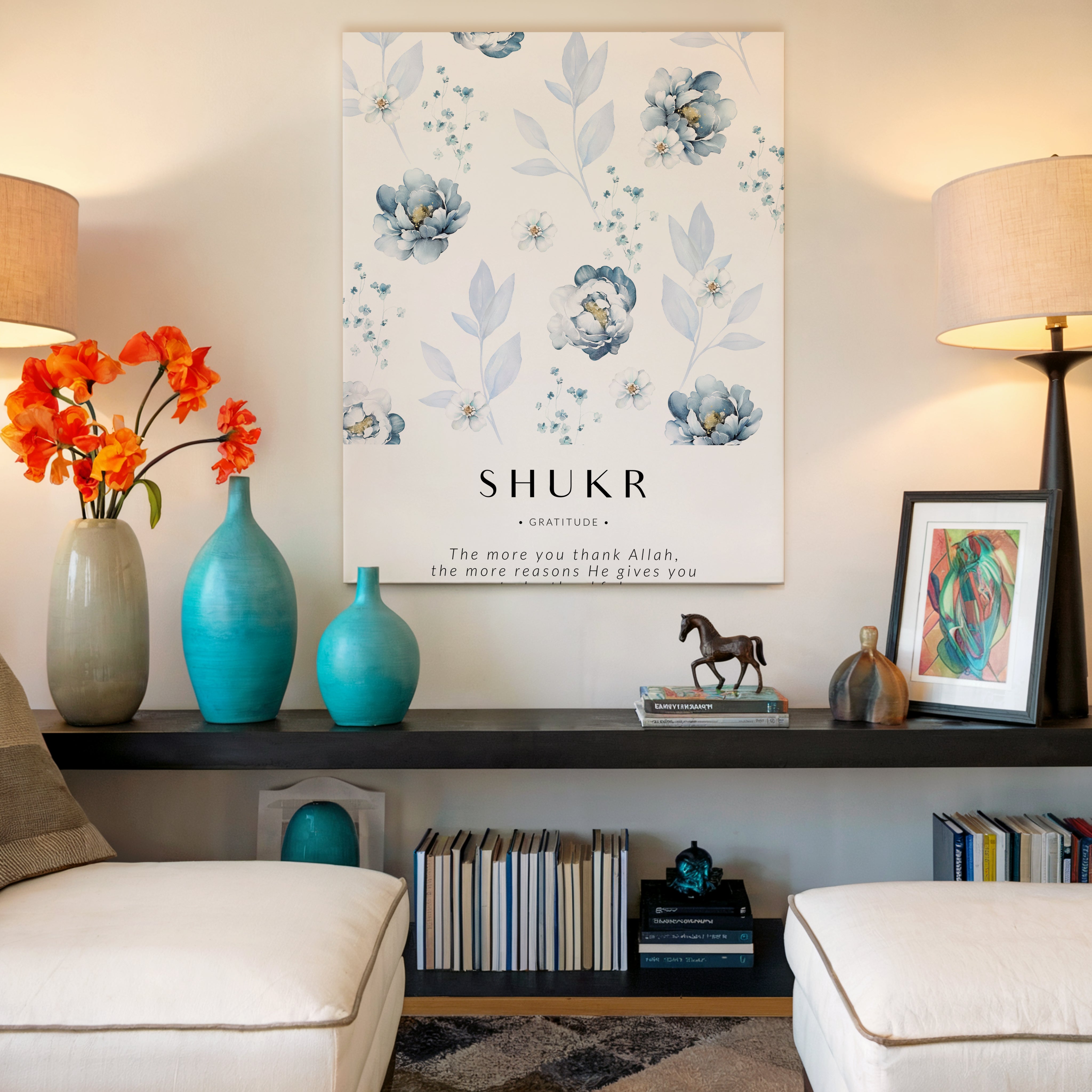 Shukr Islamic Wall Art – Blue Floral Gratitude Design | 4K Ultra Wrap Frame Wall Art in Pakistan | IBRELIA™
