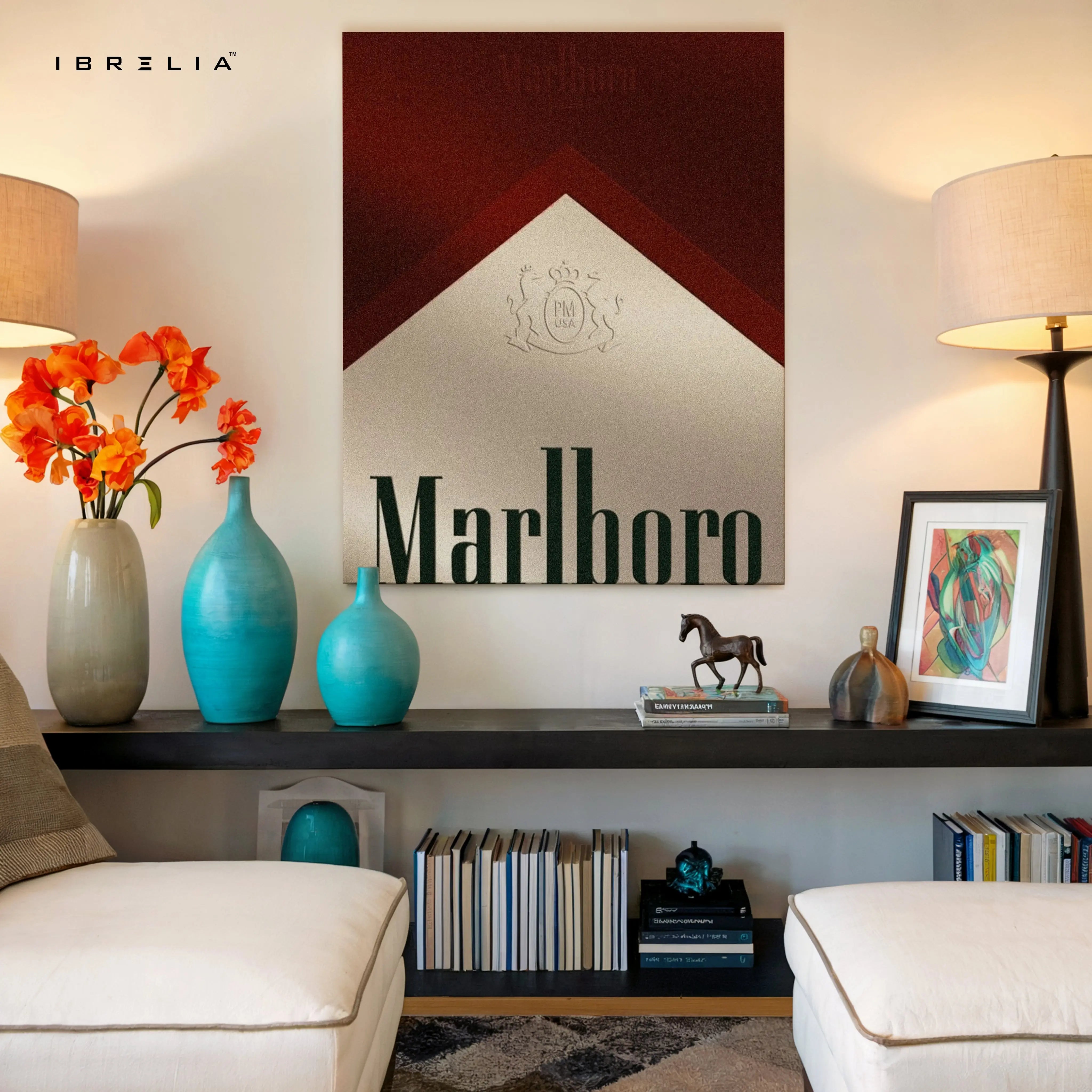 Marlboro Minimalist Wall Art – Vintage Cigarette Pack Canvas Frame | Bold Retro Graphic Poster Pakistan | IBRELIA™ IBRELIA