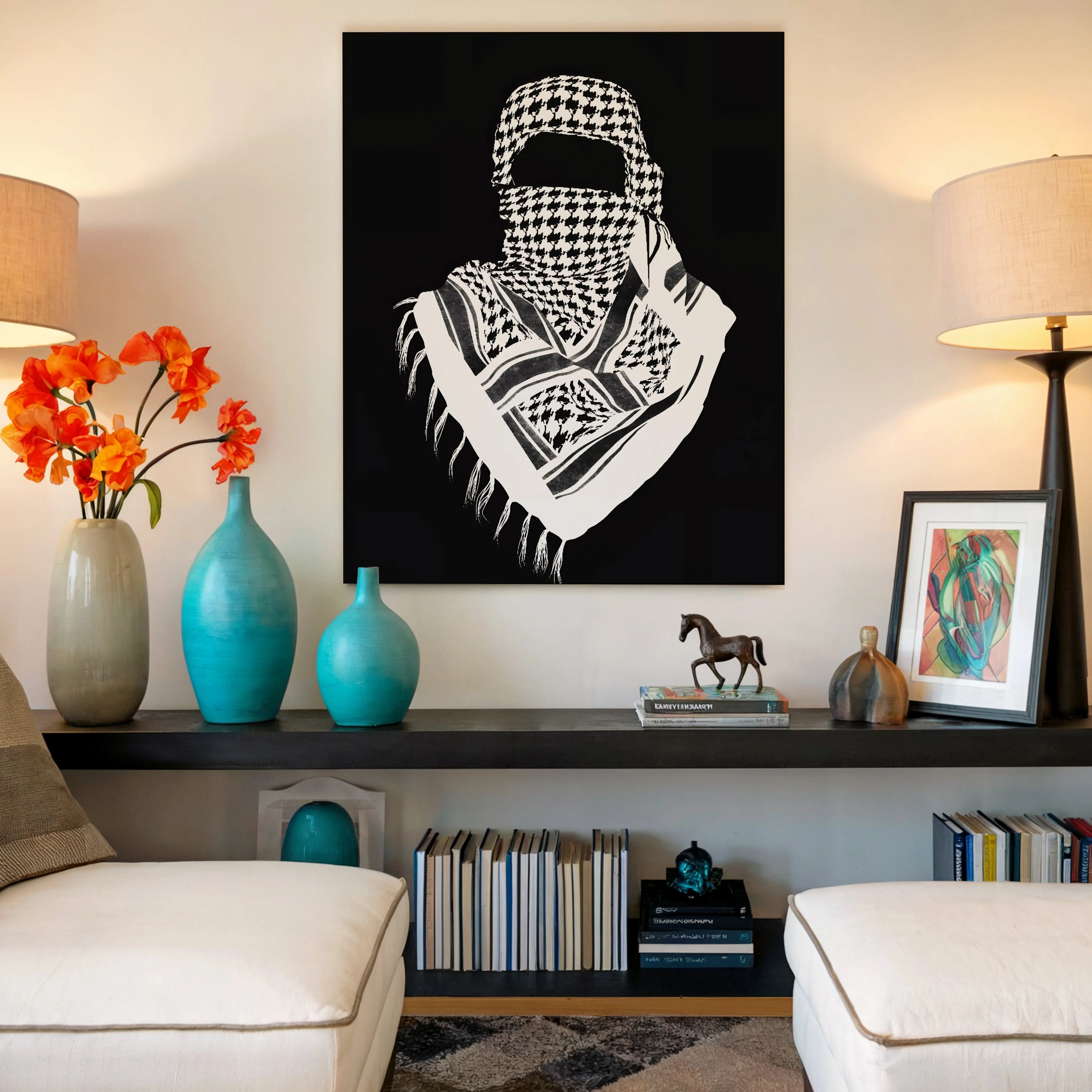 Palestinian Keffiyeh Resistance Art – Minimal Black & White Solidarity Wall Art | 4K Ultra Wrap Frame Wall Art in Pakistan | IBRELIA™ IBRELIA