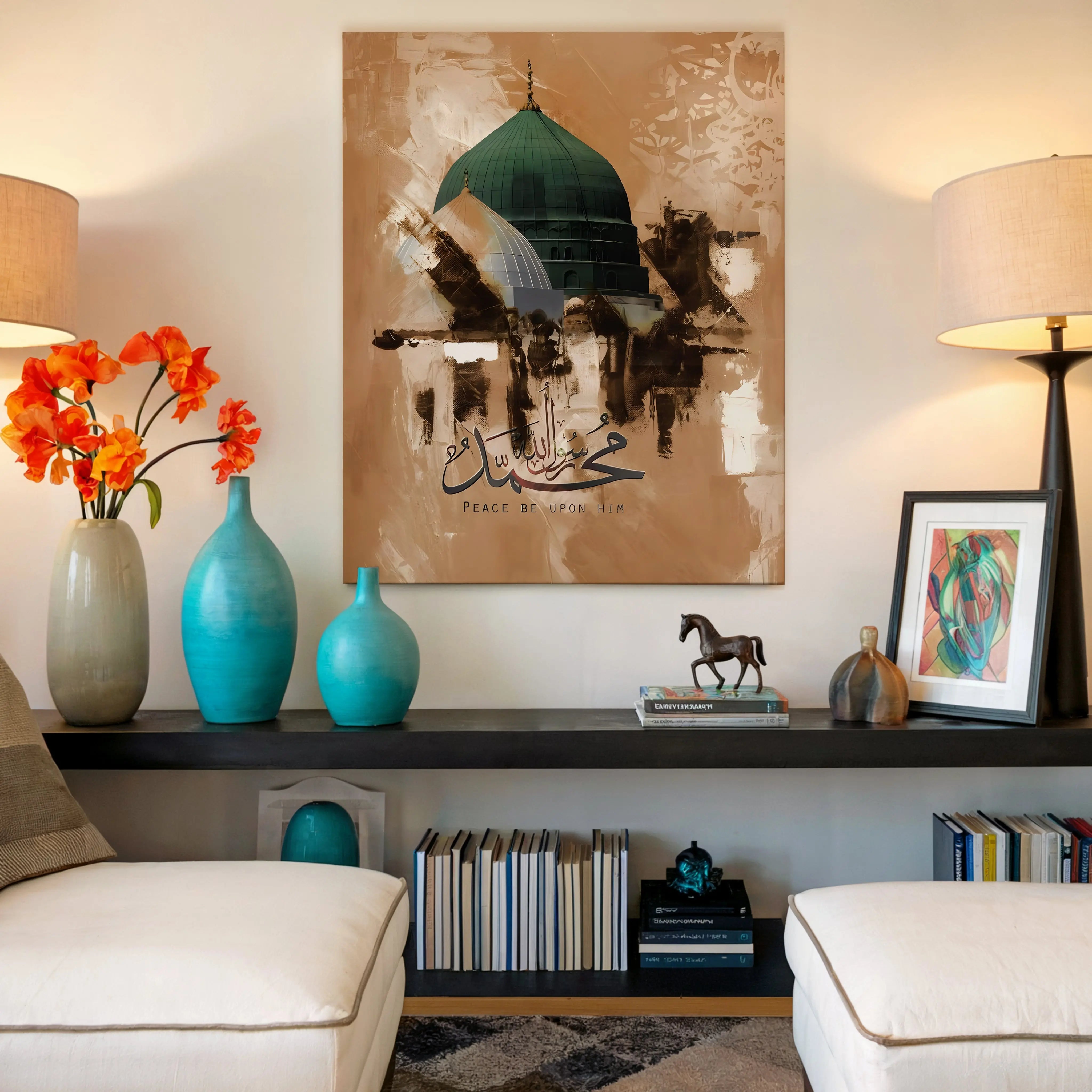 Prophet Muhammad (PBUH) Calligraphy Art – Masjid e Nabawi Green Dome Islamic Wall Art | 4K Ultra Wrap Frame Wall Art in Pakistan | IBRELIA™ IBRELIA