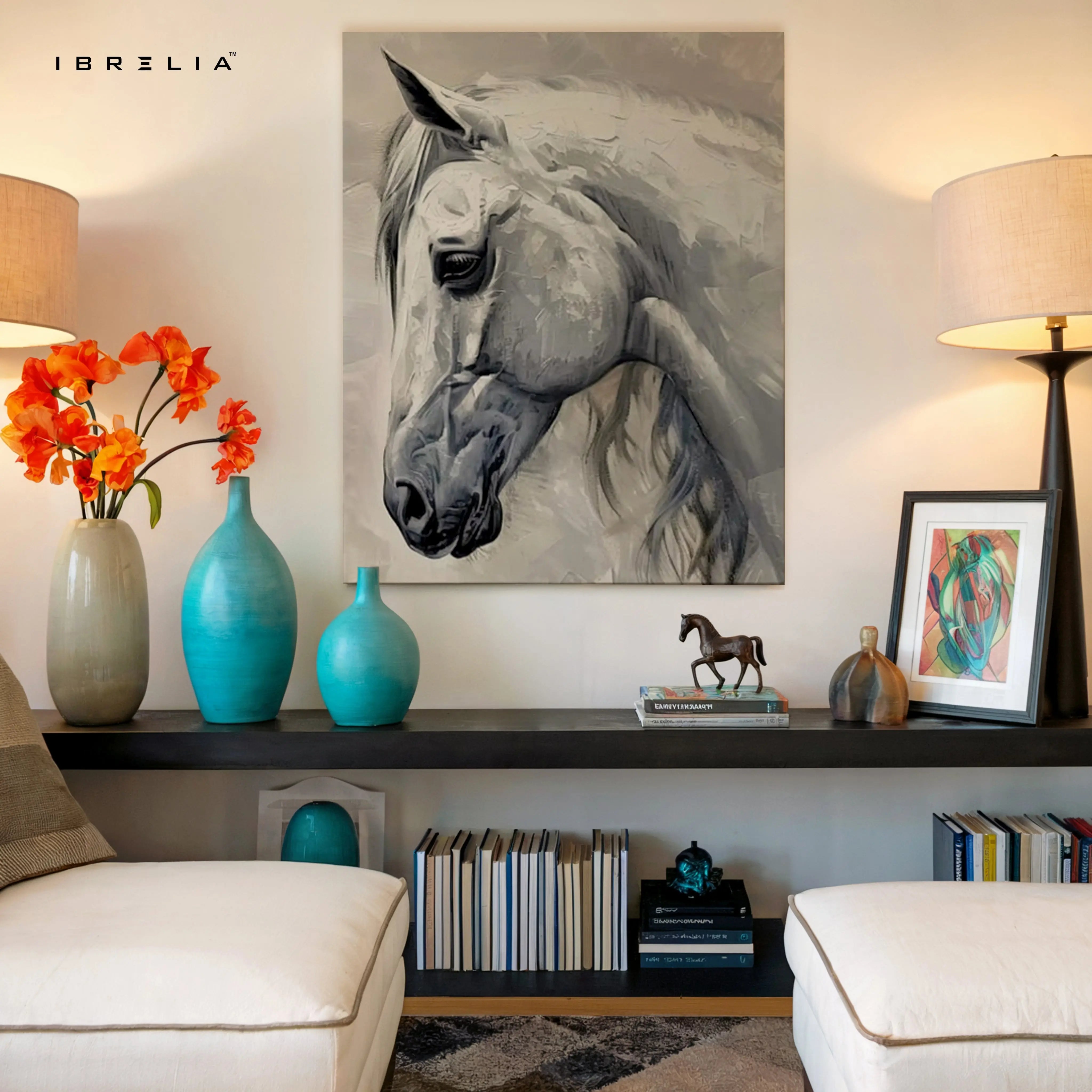 White Stallion Grace Art – Minimal Neutral Horse Portrait Wall Art | 4K Ultra Wrap Frame Wall Art in Pakistan | IBRELIA™ IBRELIA
