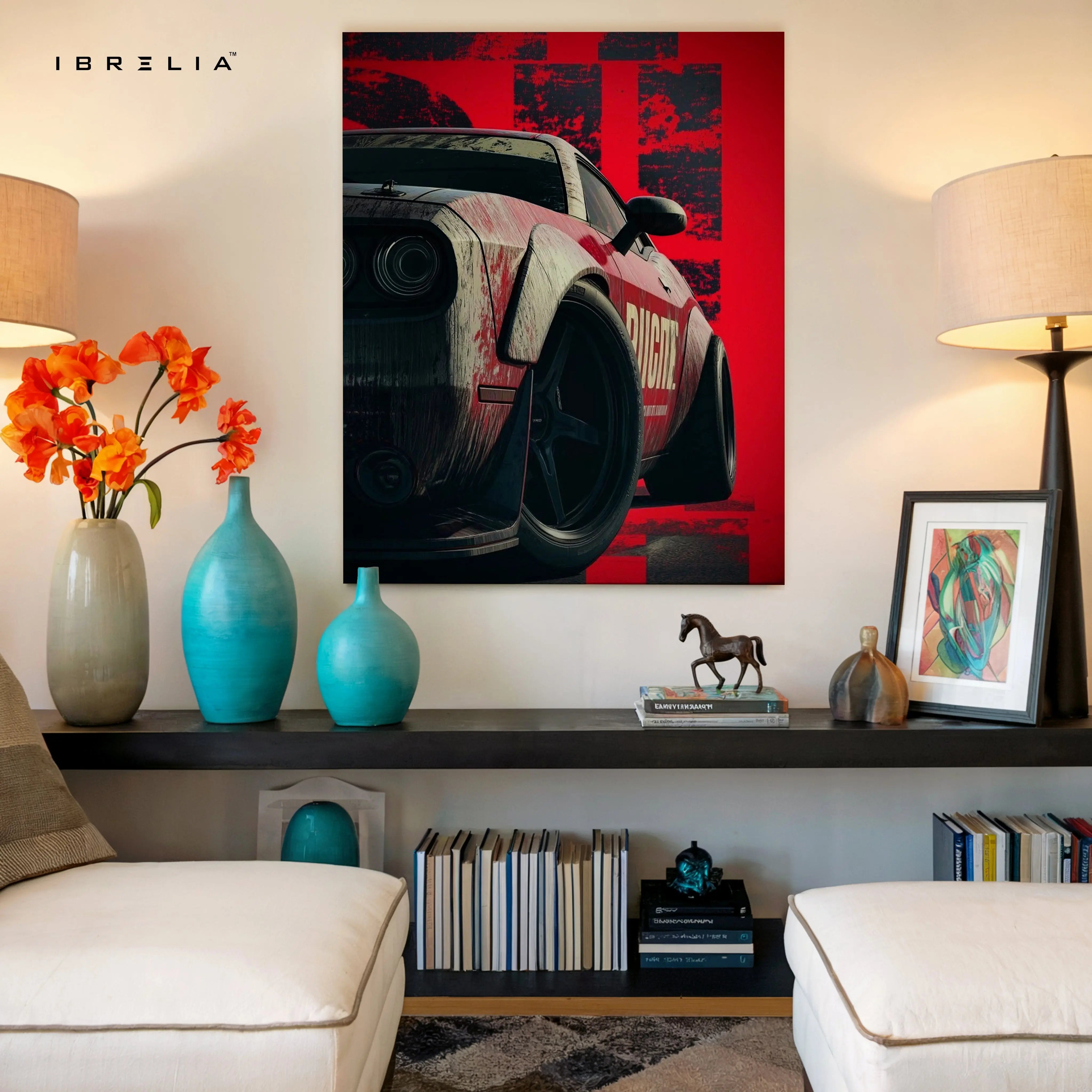 Red Muscle Car Power Wall Art – Racing Drift Automotive Canvas Frame | Aggressive Sports Car Poster Pakistan | IBRELIA™ IBRELIA