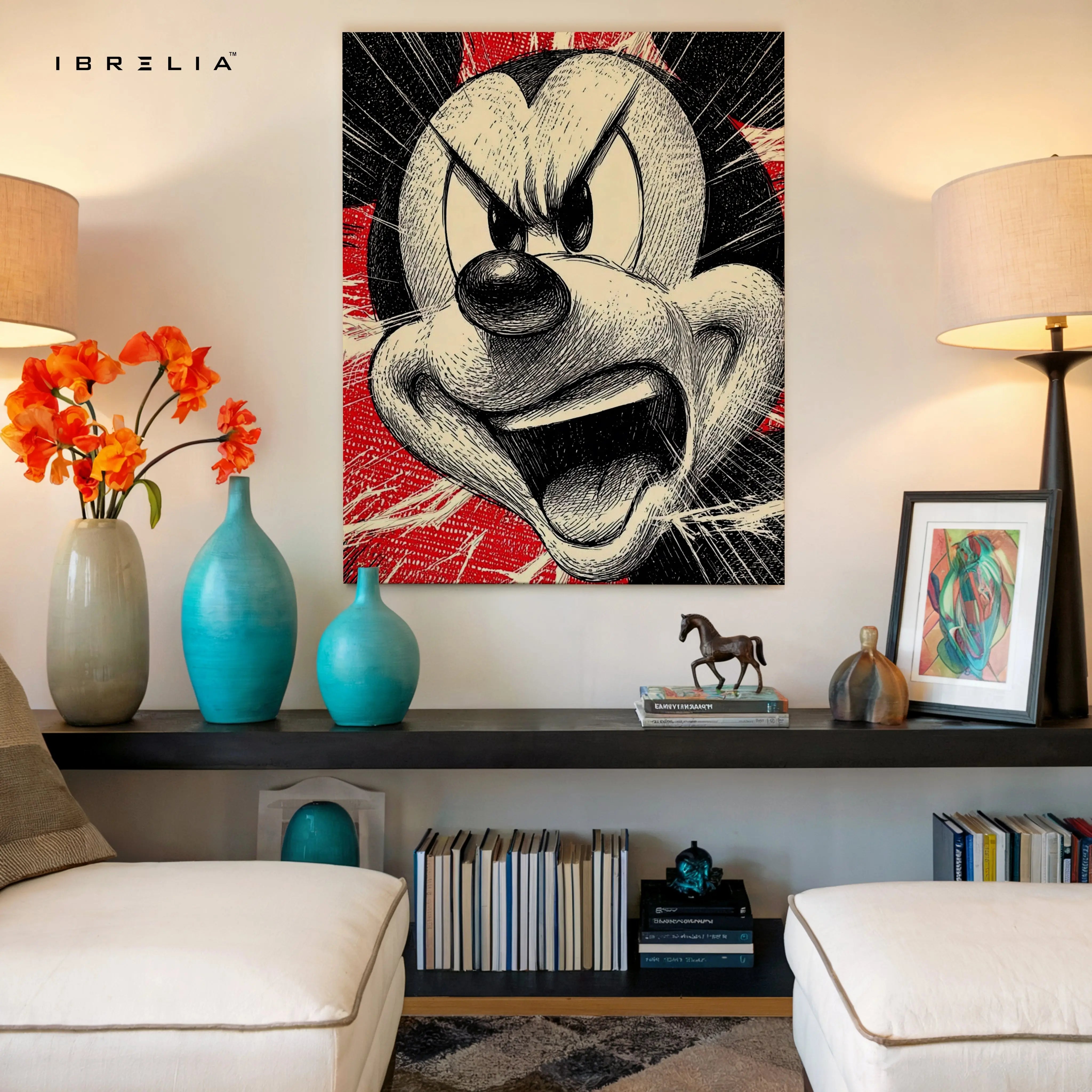 Mickey Angry Sketch Wall Art – Vintage Cartoon Canvas Frame | Bold Pop Art Poster Pakistan | IBRELIA™ IBRELIA