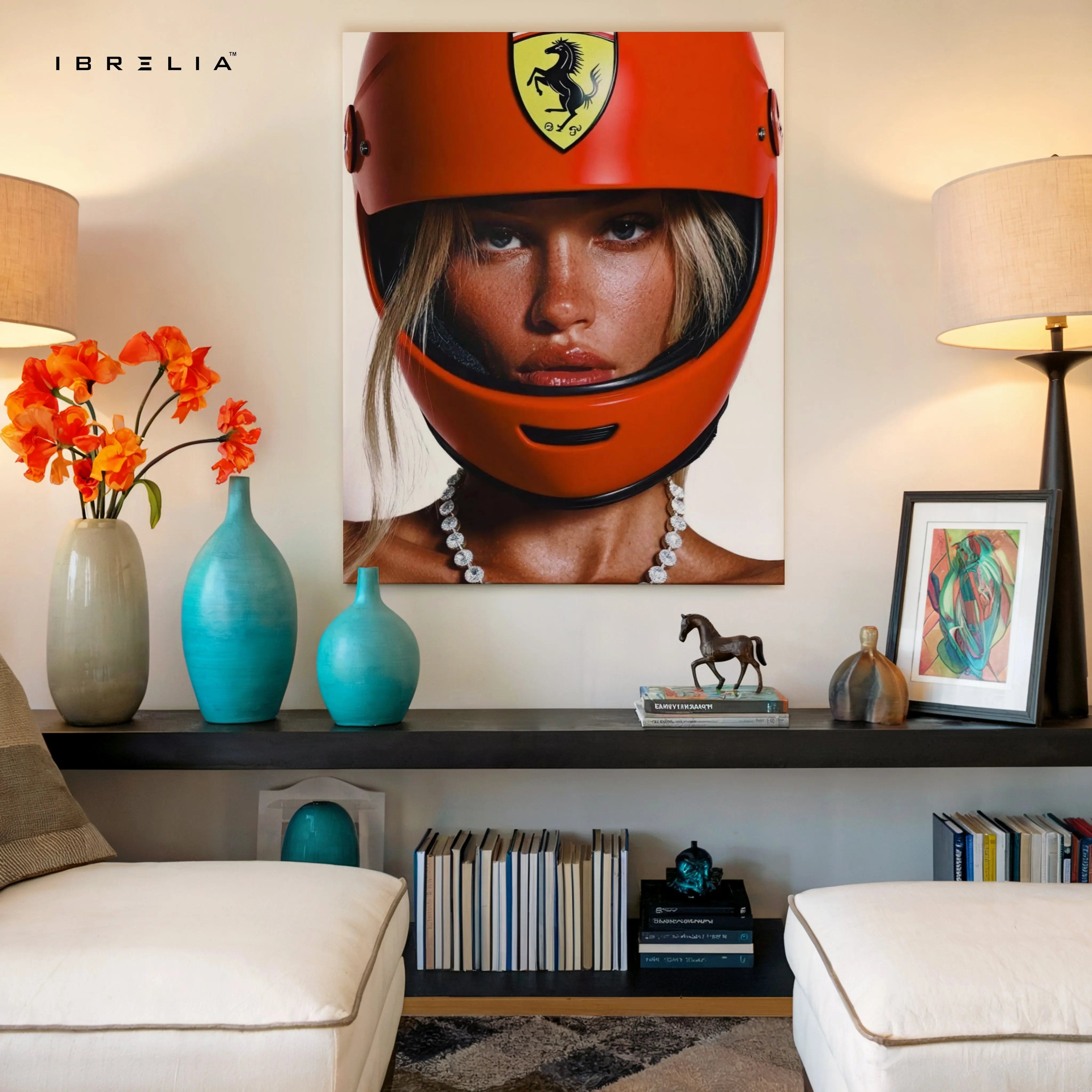 Ferrari Helmet Aesthetic Wall Art – Luxury Racing Canvas Frame Pakistan | Motorsport Fashion Poster | IBRELIA™ IBRELIA